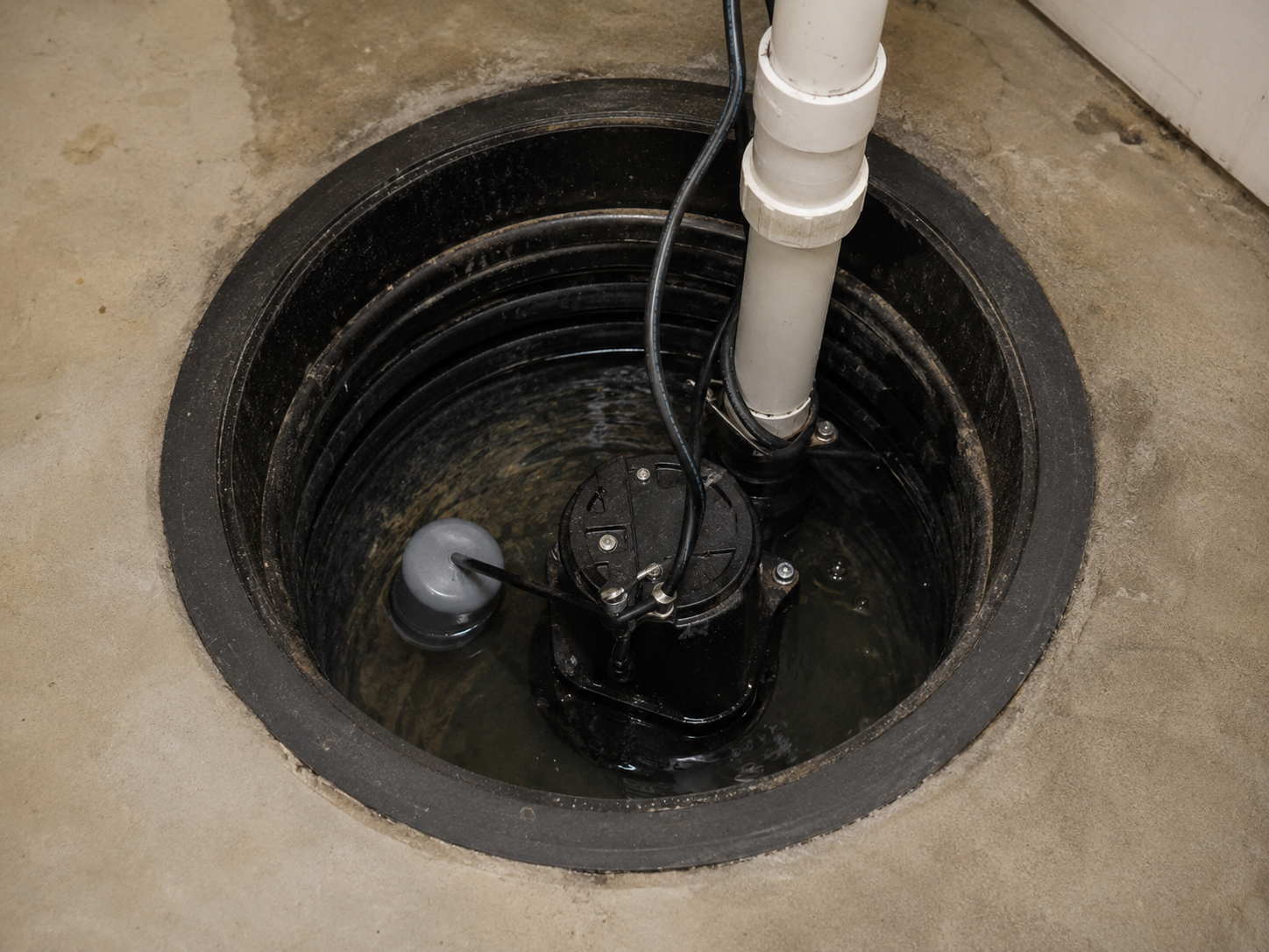 Pompe de puisard immergée dans un bassin de drainage avec tuyau en PVC et flotteur sur un plancher de sous-sol en béton.