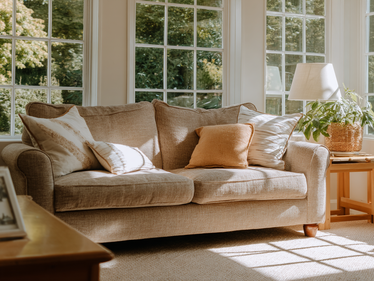 Sunny living room with beige sofa, decorative cushions, table lamp and large bay window overlooking a garden