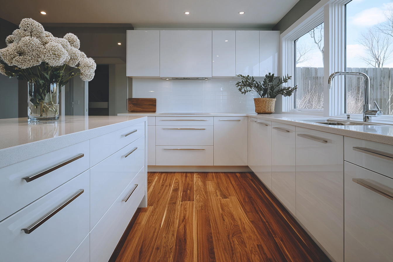 Cuisine moderne blanche avec armoires brillantes, comptoir clair et plancher en bois naturel