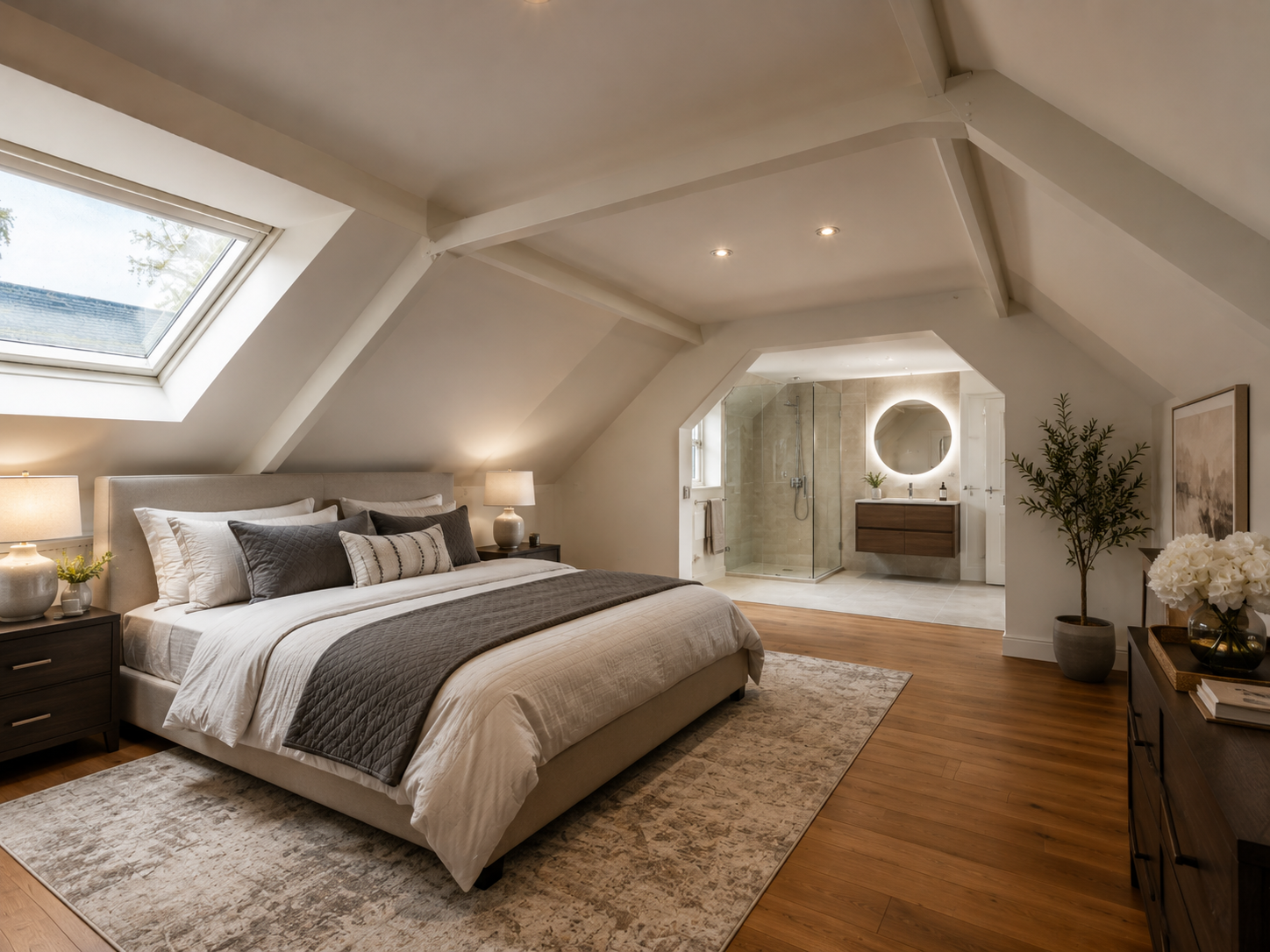Suite principale aménagée sous les combles avec poutres apparentes, puits de lumière, plancher de bois et salle de bain ouverte avec douche vitrée