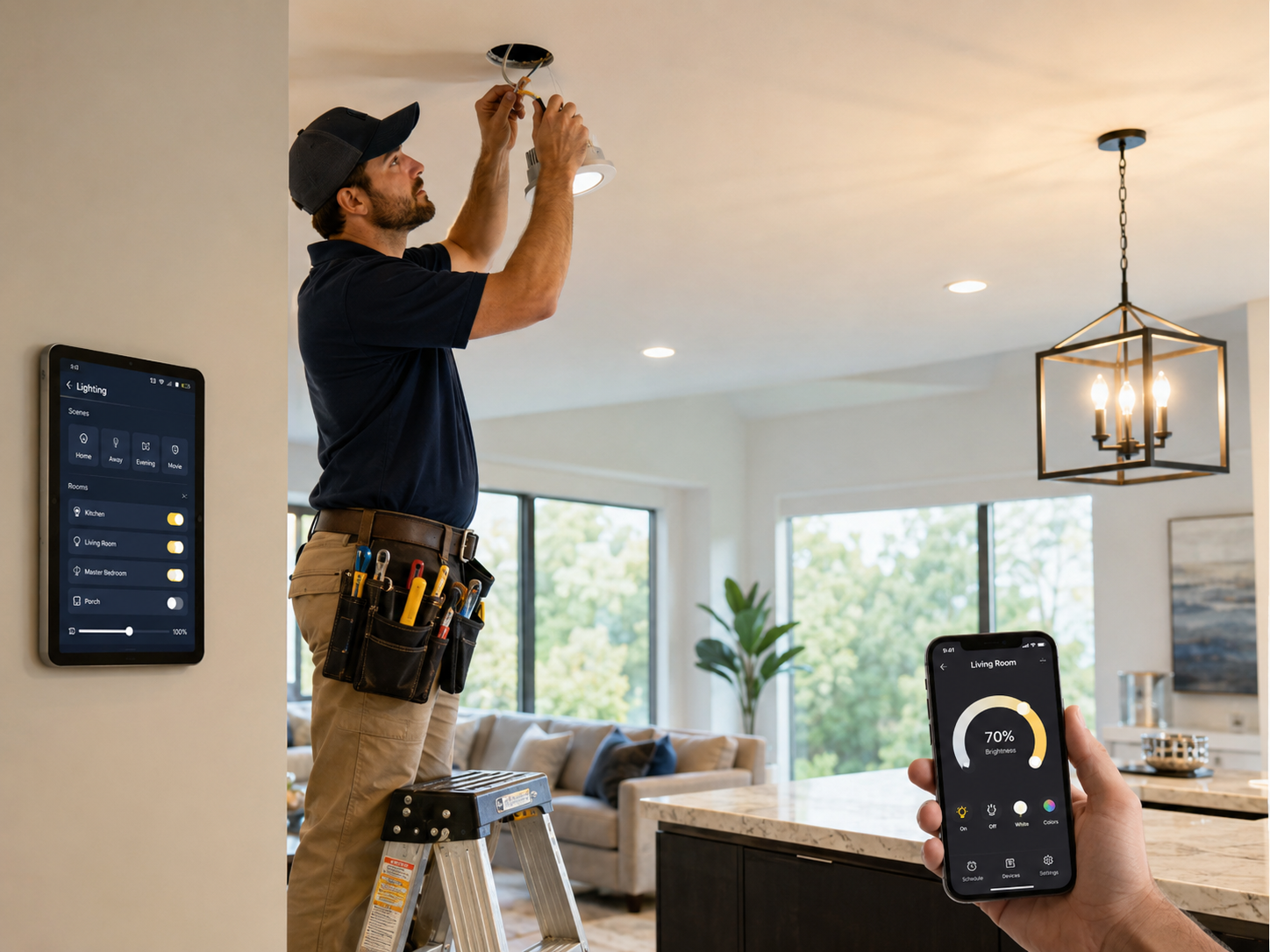 Électricien installant un luminaire encastré intelligent dans une cuisine et un salon modernes avec contrôle de l’éclairage par tablette et téléphone