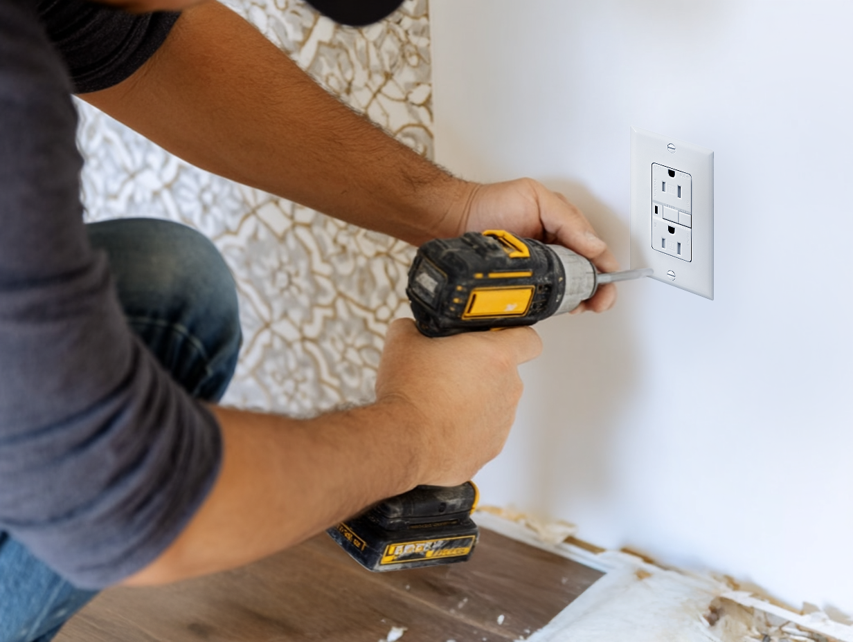 Électricien installant une prise GFCI dans un mur blanc à l'aide d'une perceuse lors de travaux résidentiels