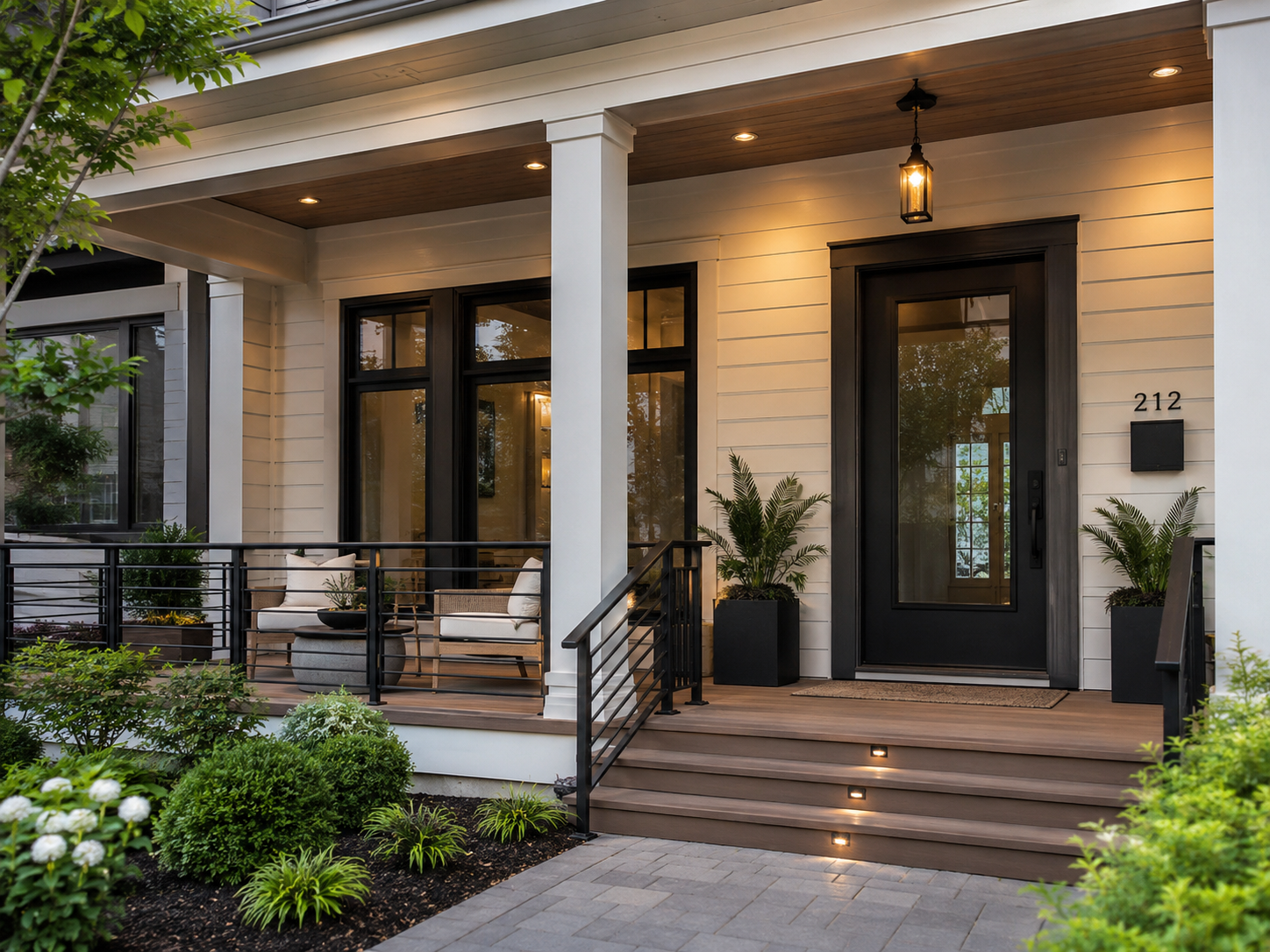 Contemporary front porch with white columns, a black glazed door, wood decking, metal railings, illuminated steps, and manicured landscaping
