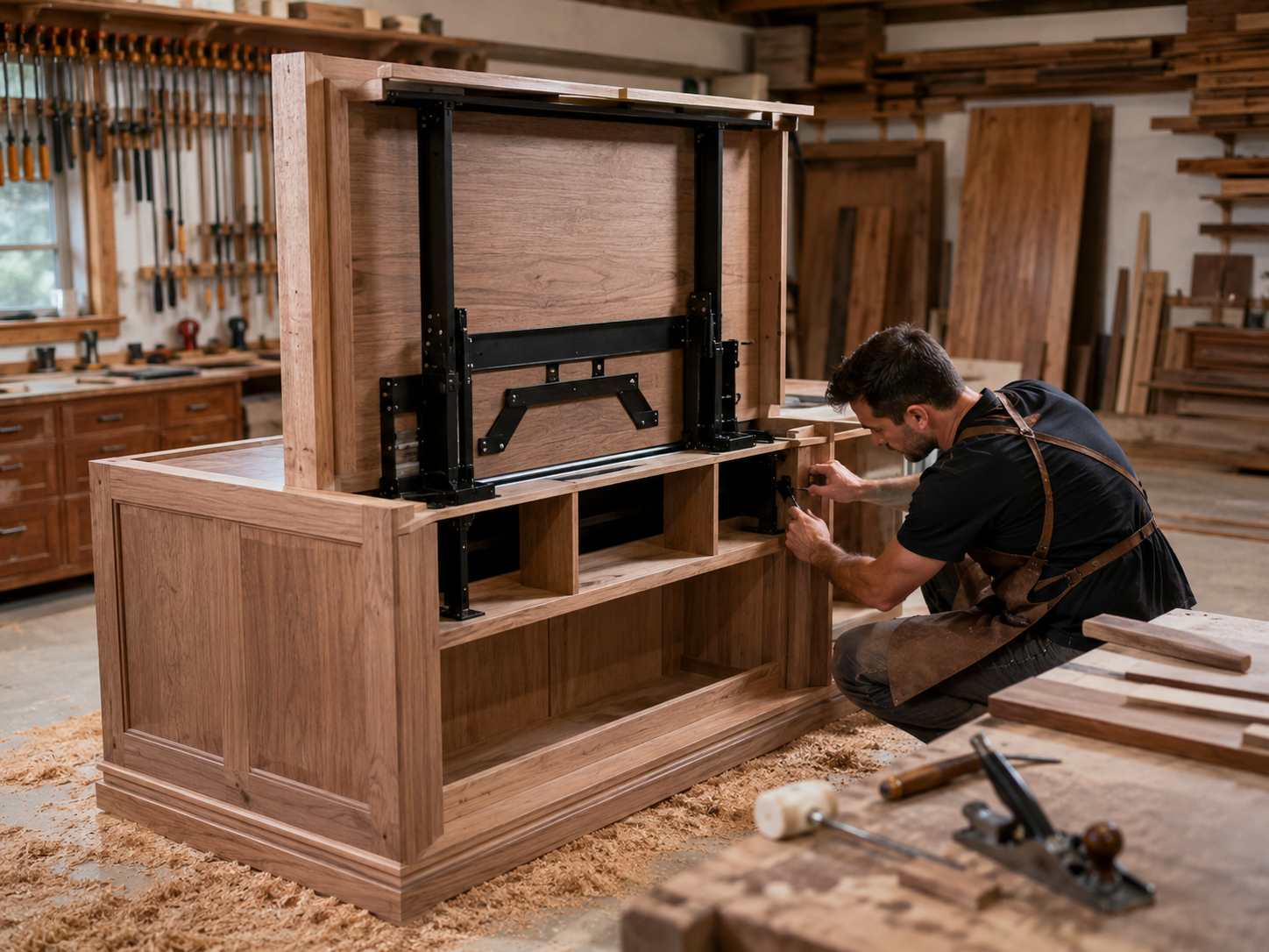 Ébéniste assemblant un meuble TV escamotable en bois massif avec mécanisme métallique dans un atelier de menuiserie professionnel