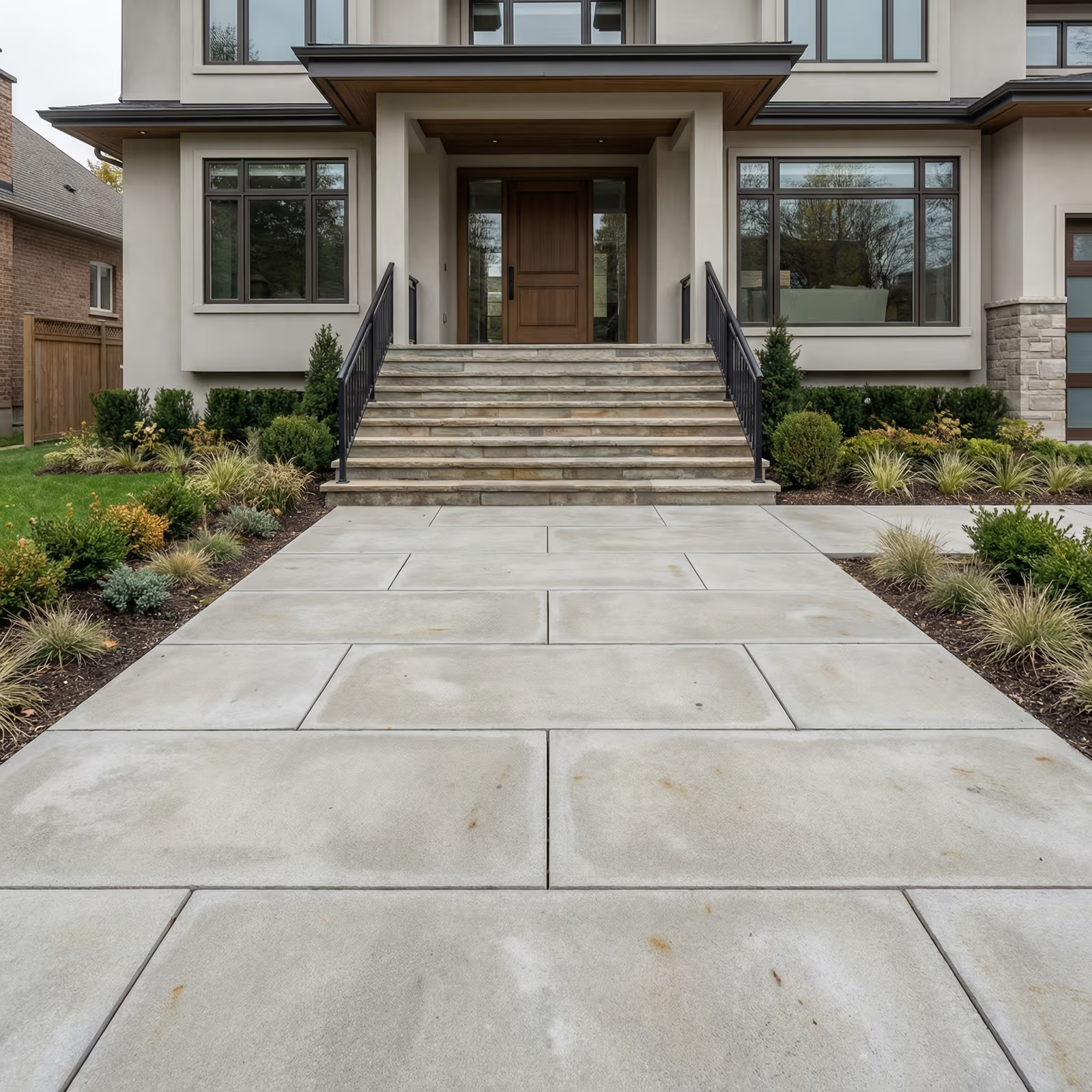 Contemporary home entrance with a wide concrete slab walkway, stone steps, black railings, a wood front door, and structured landscaping
