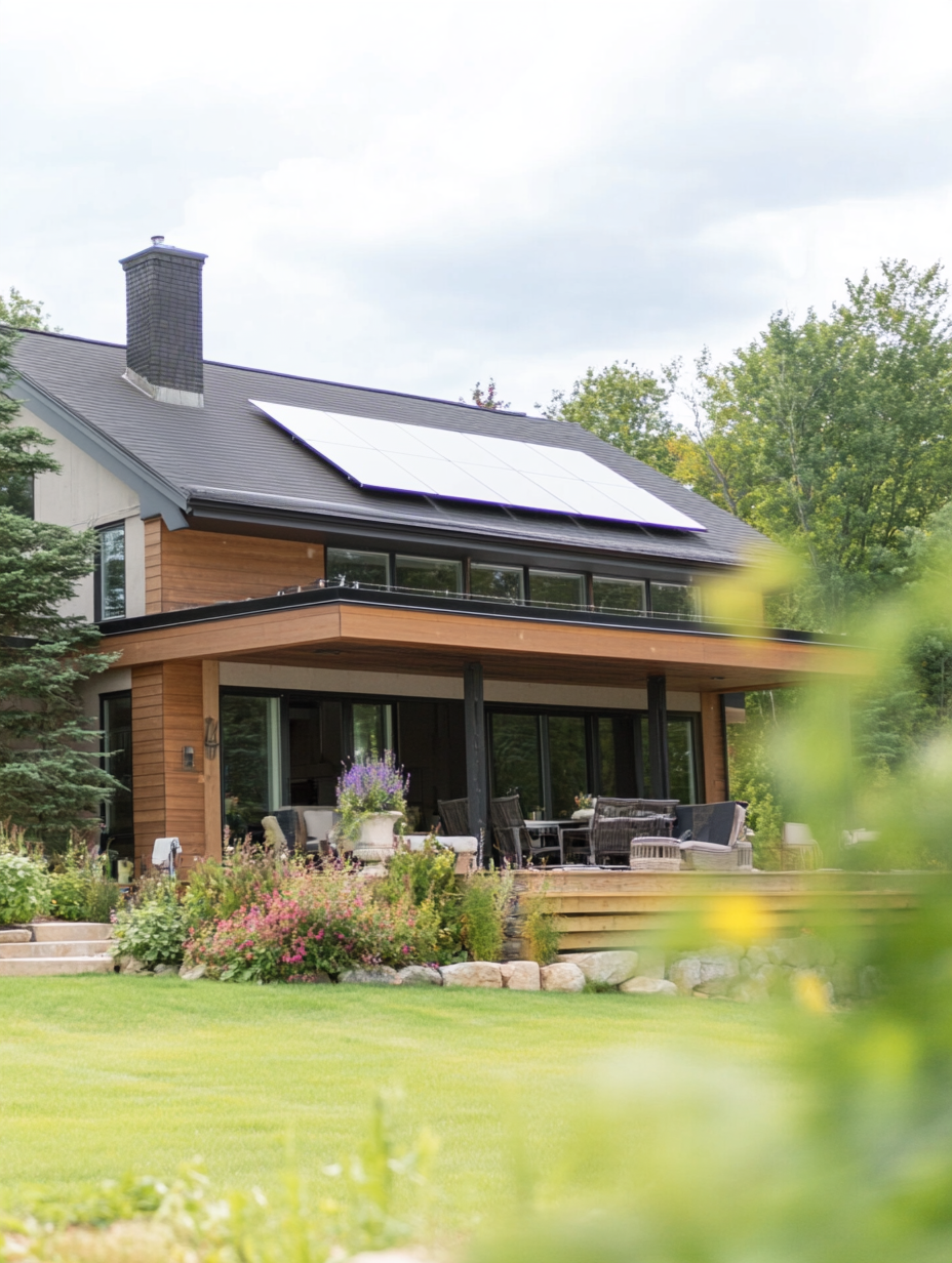 Modern house with rooftop solar panels, landscaped garden and furnished outdoor terrace
