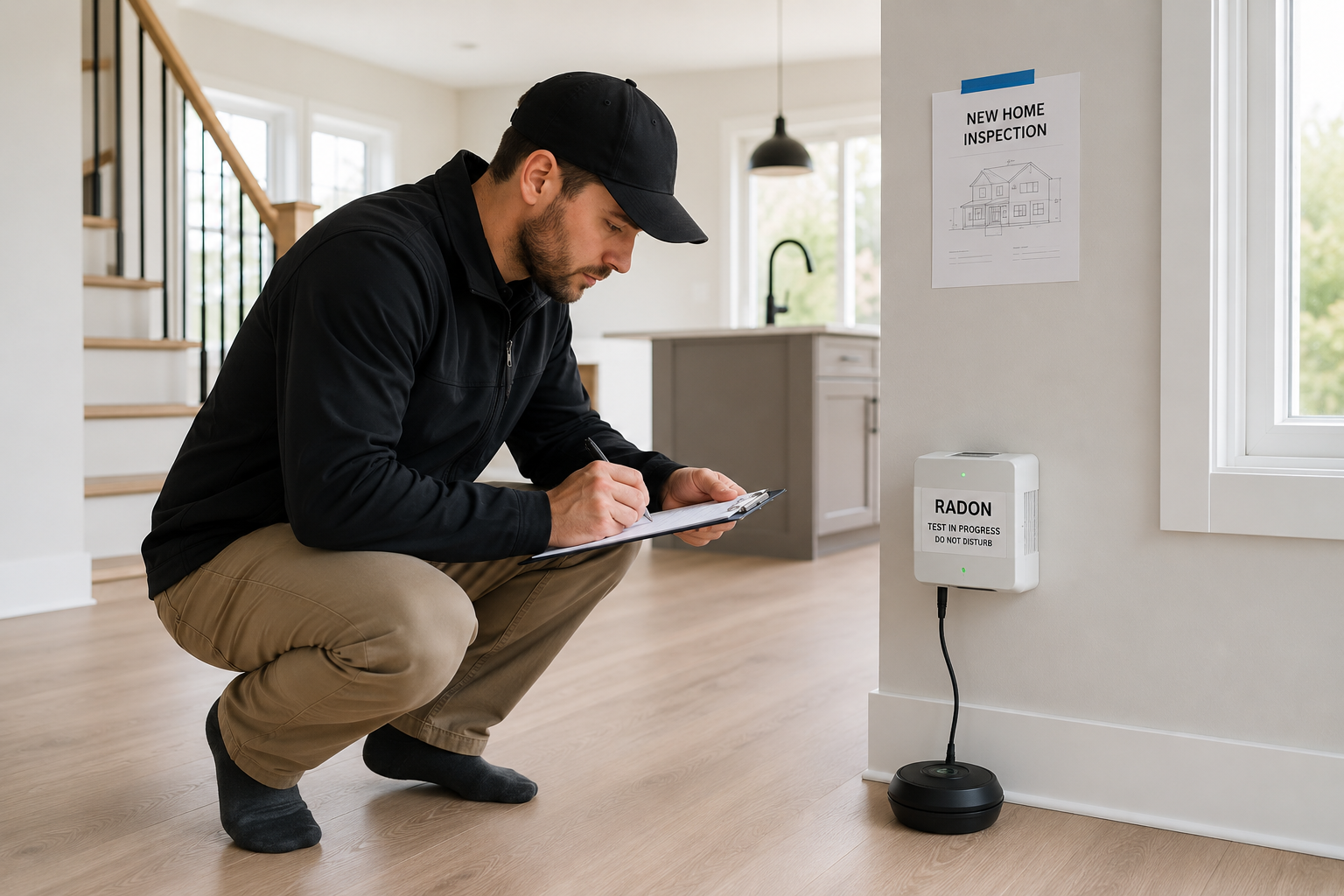 Technicien installant un détecteur de radon sur un mur de fondation en béton dans un sous-sol résidentiel pour mesurer la concentration de radon.