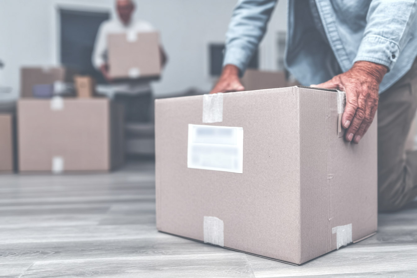 Residential moving with sealed cardboard boxes on modern floor and man carrying a box inside a house.