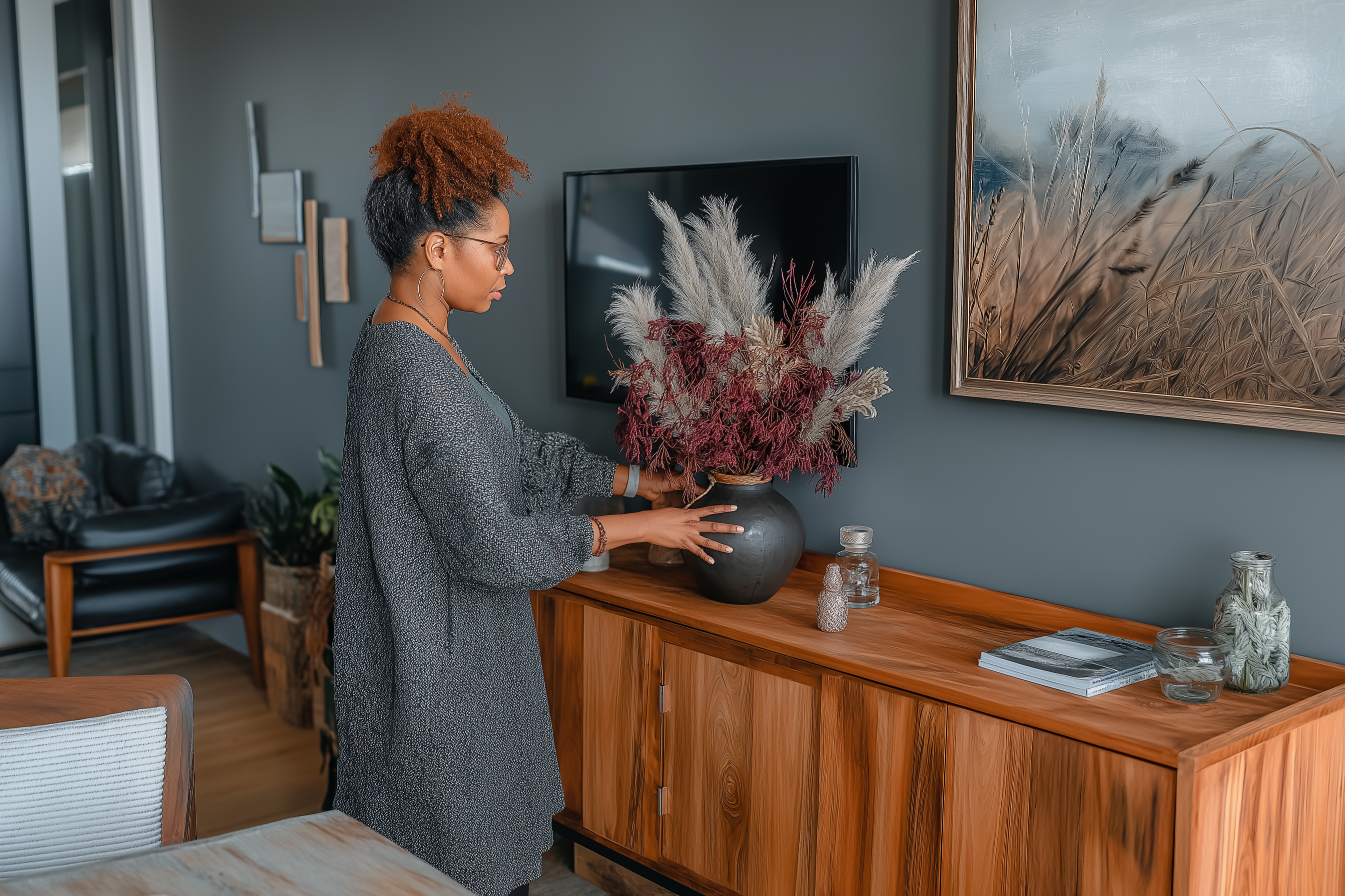 Femme disposant un vase de fleurs séchées sur un buffet en bois dans un salon décoré avec goût