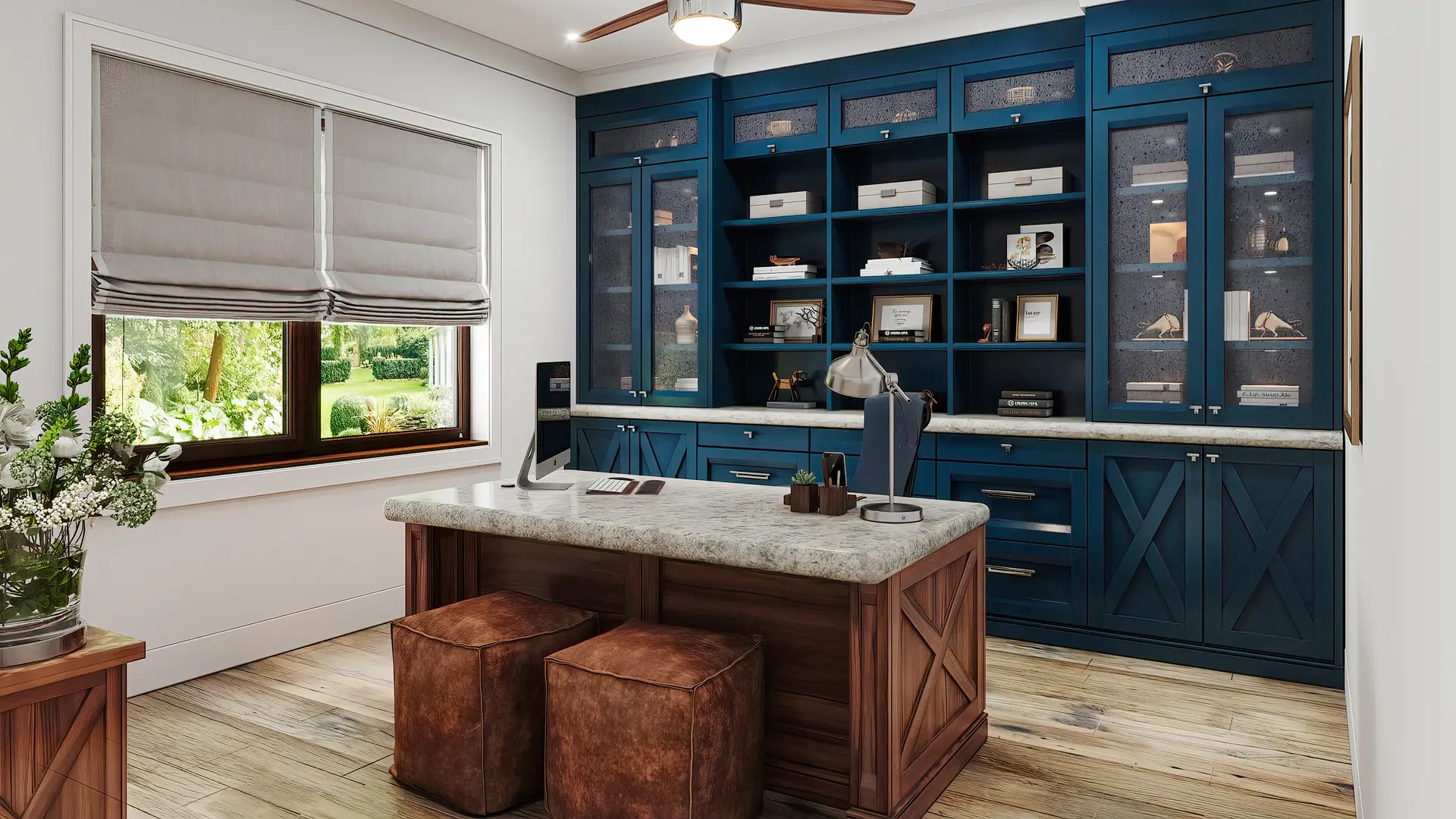 Elegant home office with blue built-in bookcase, wood island, stone countertop and large window