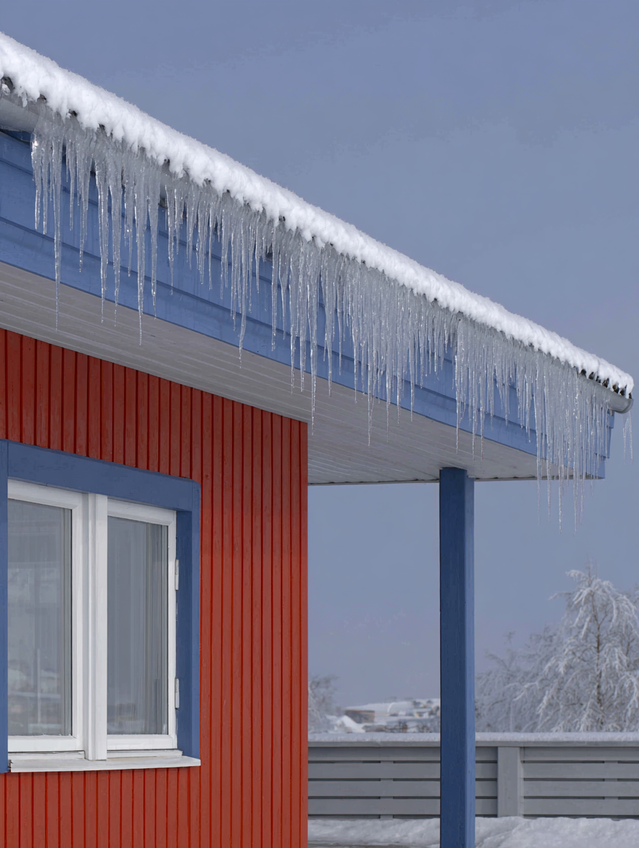 Glaçons suspendus au toit d'une maison rouge et bleue en hiver avec neige et ciel froid
