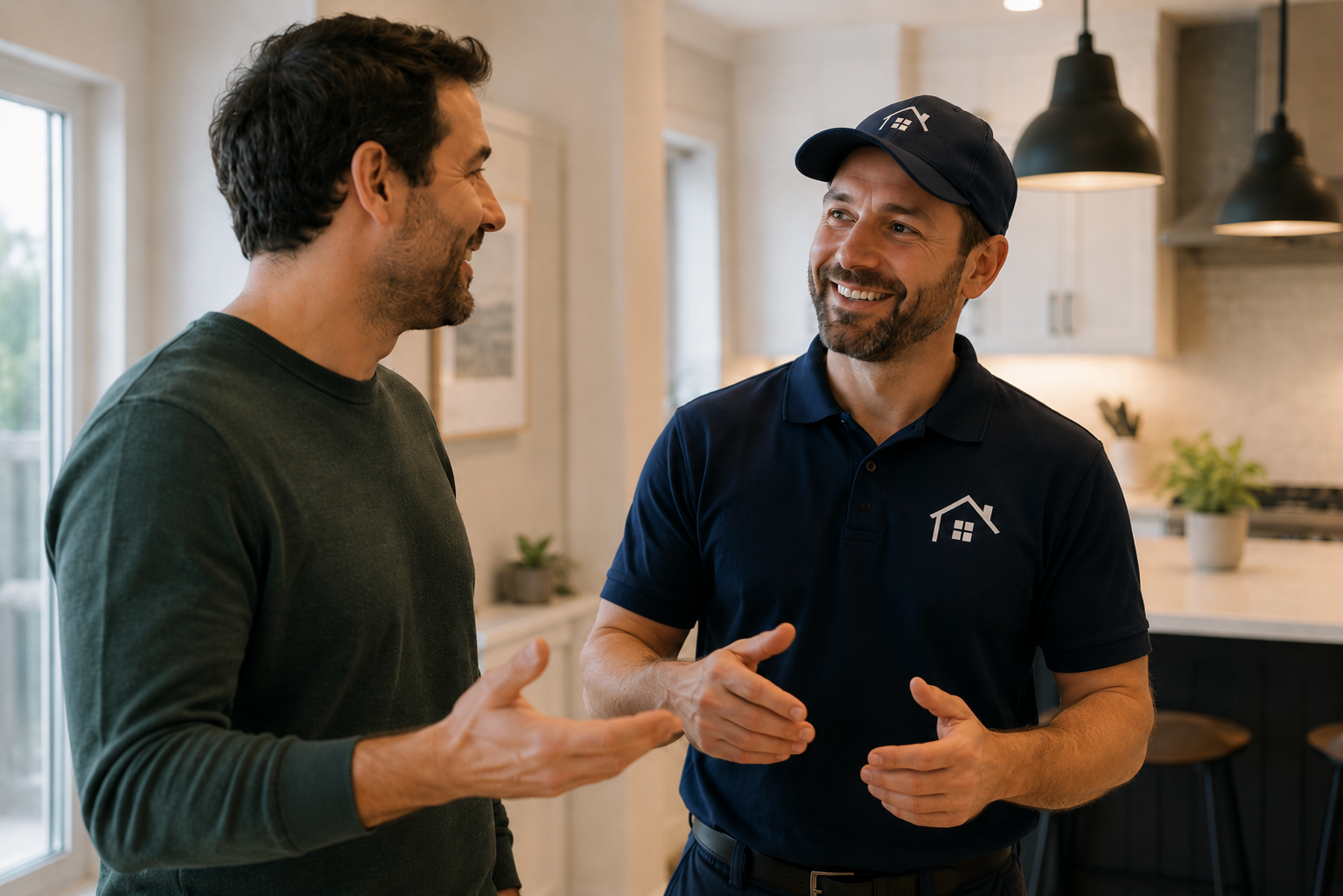 Entrepreneur en rénovation discutant avec un propriétaire souriant dans une cuisine moderne.