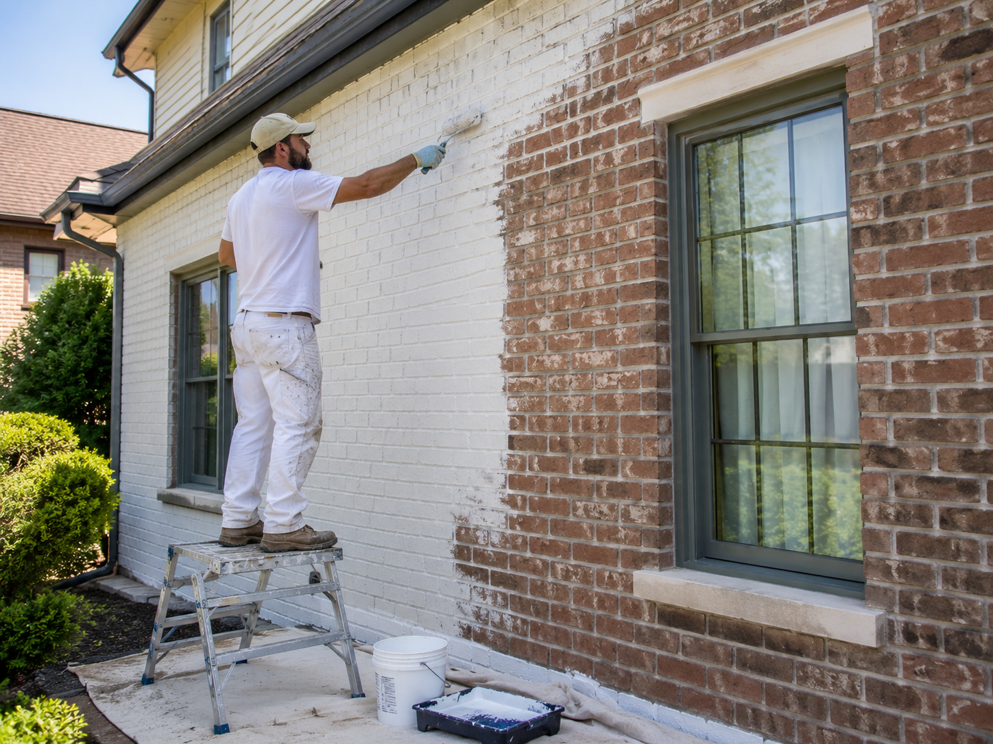 Painter applying white paint with a roller to the exterior brick façade of a house beside black-framed windows