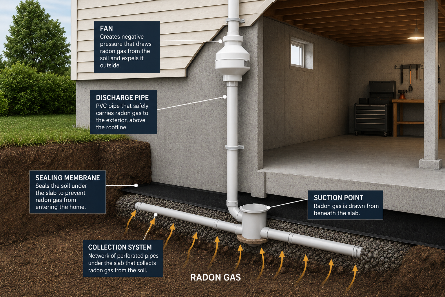 Cutaway diagram of a radon mitigation system with a sealing membrane, sub-slab collection network, suction point, exhaust pipe, and exterior fan.