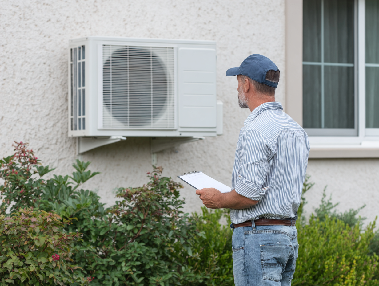 Technician inspecting a wall-mounted outdoor air conditioning unit on the facade of a residential home