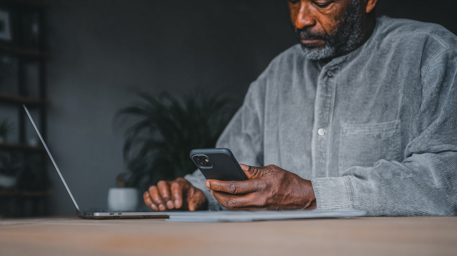 Man using a smartphone and laptop to manage digital tasks at home