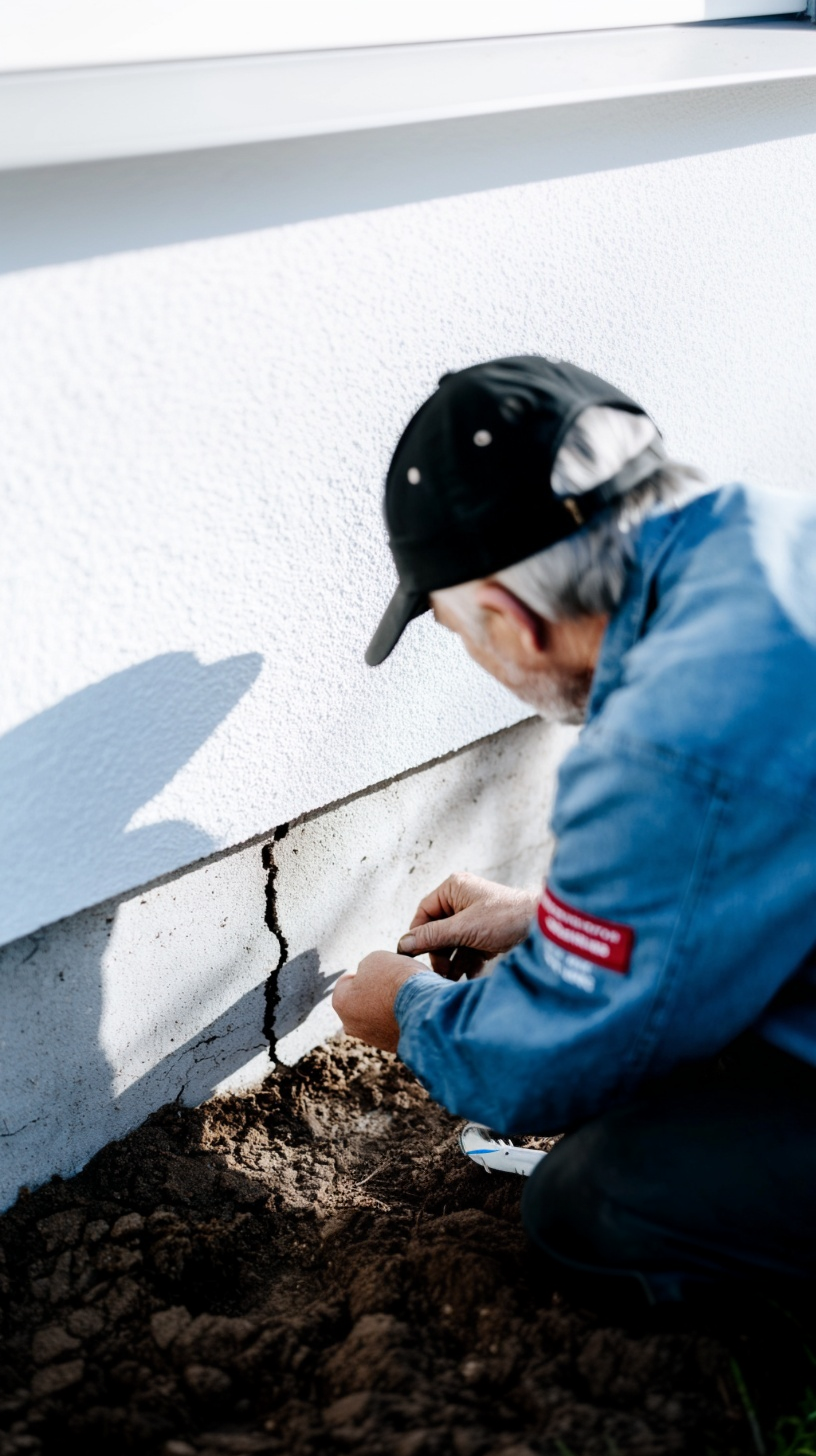 Inspection and repair of a foundation crack on a house exterior wall