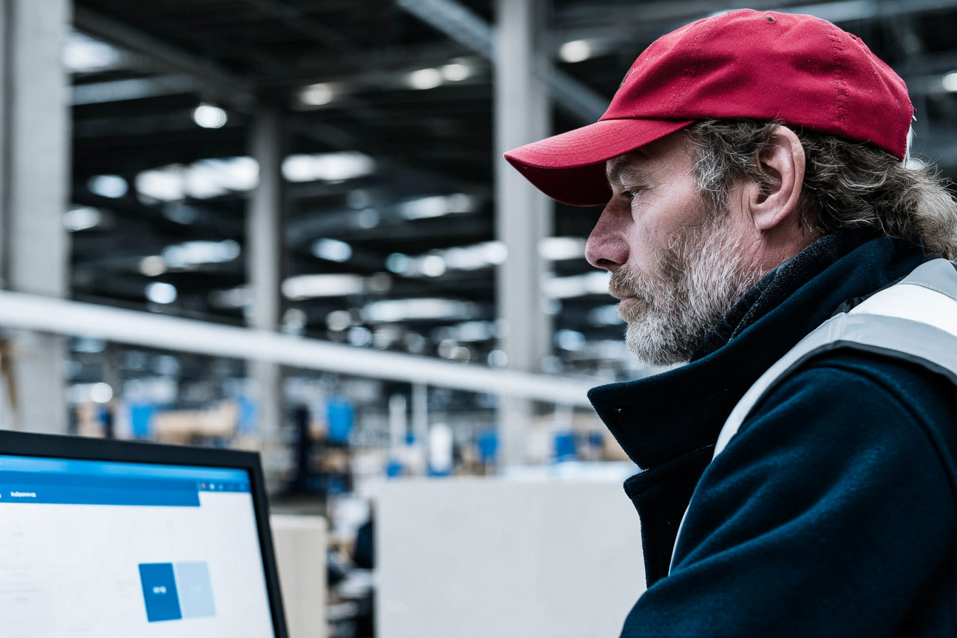 Contremaître ou superviseur de chantier en casquette rouge consultant des données sur un ordinateur dans un entrepôt industriel.