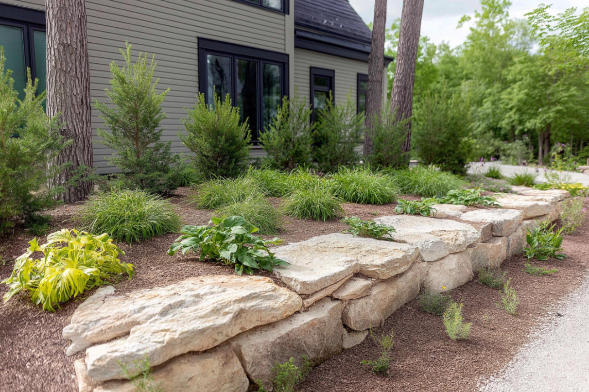 Natural stone garden wall in front of a house with green landscaping