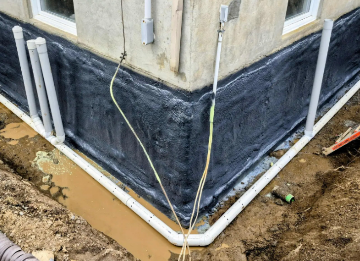 Installation d’un drain français en PVC autour des fondations d’une maison avec application d’un revêtement d’étanchéité noir pour prévenir les infiltrations d’eau.