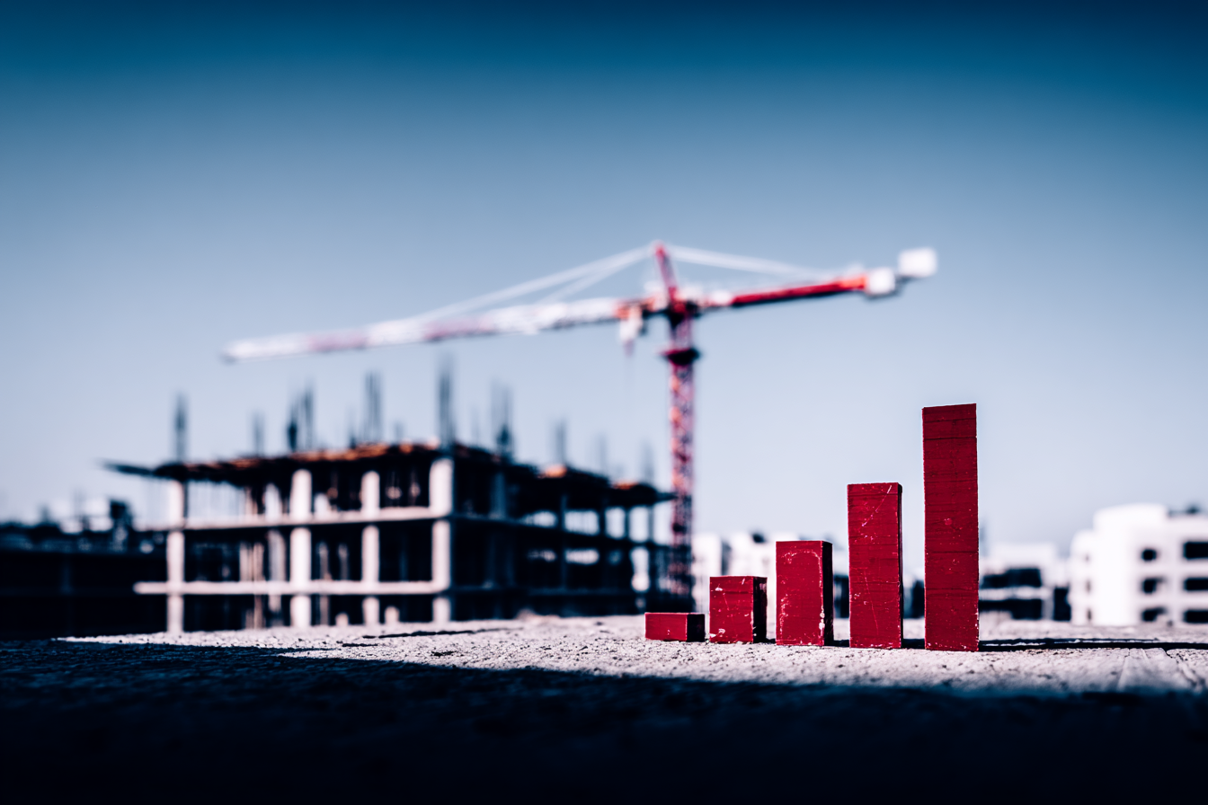 Red bar graph representing growth in front of a construction site with a crane and concrete building.