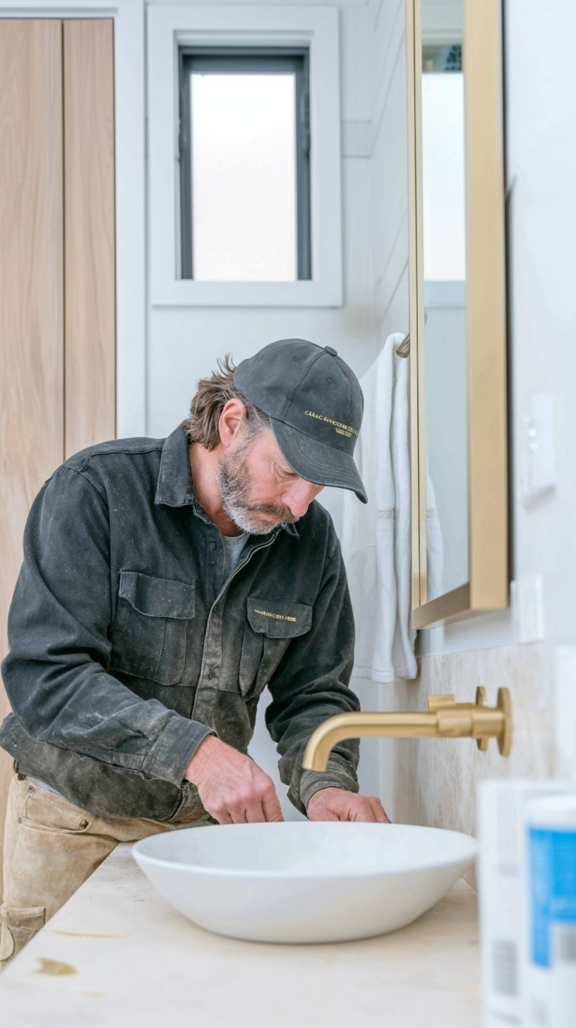 Installateur travaillant sur un lavabo de salle de bain avec robinet mural doré, miroir et finition moderne