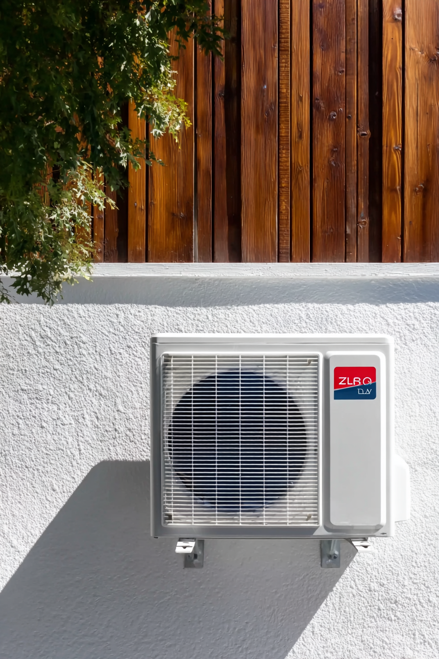 White wall-mounted air conditioning unit installed on a white stucco wall beneath vertical wooden siding