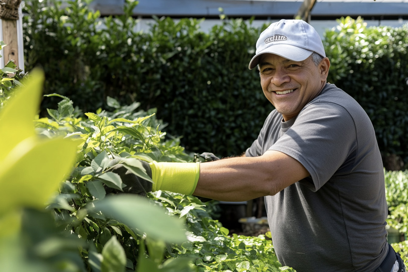 Jardinier souriant en train de tailler des arbustes dans un jardin verdoyant