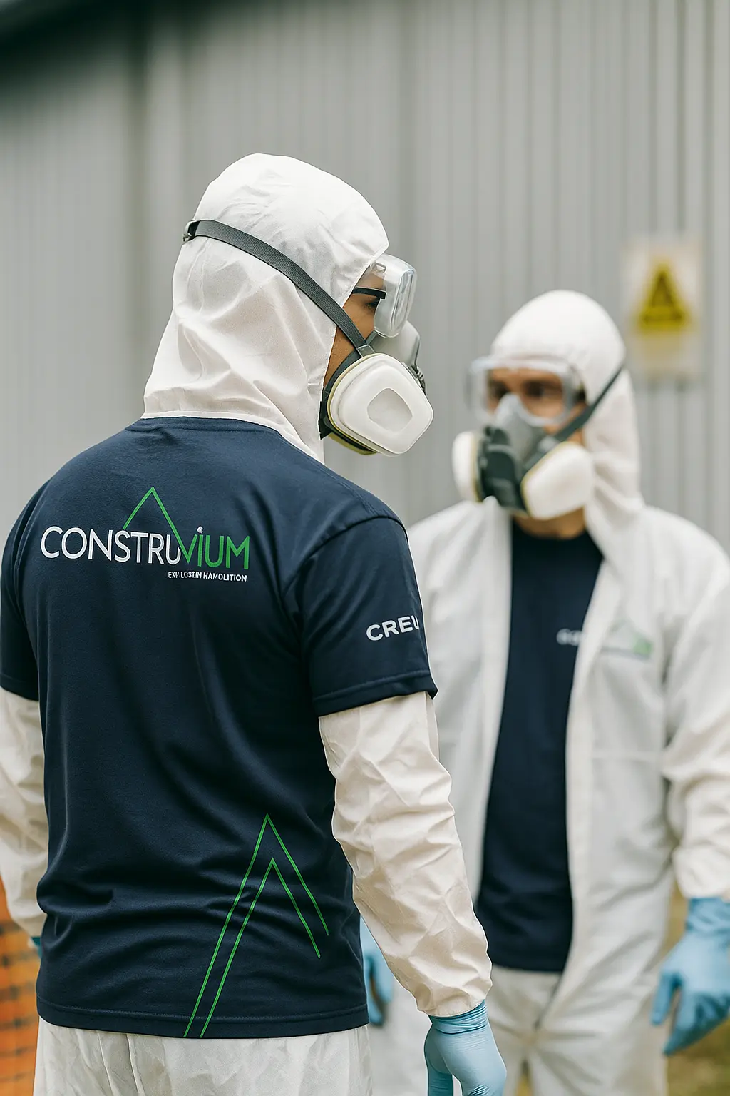 Techniciens en combinaison de protection avec masques respiratoires lors d’une opération de décontamination sur un chantier