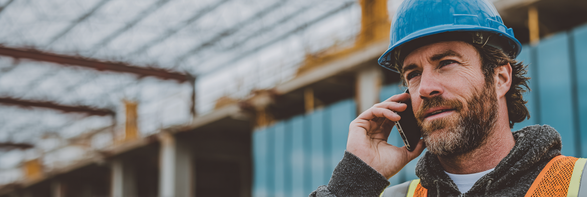 Construction worker wearing a blue hard hat talking on the phone in front of a building site