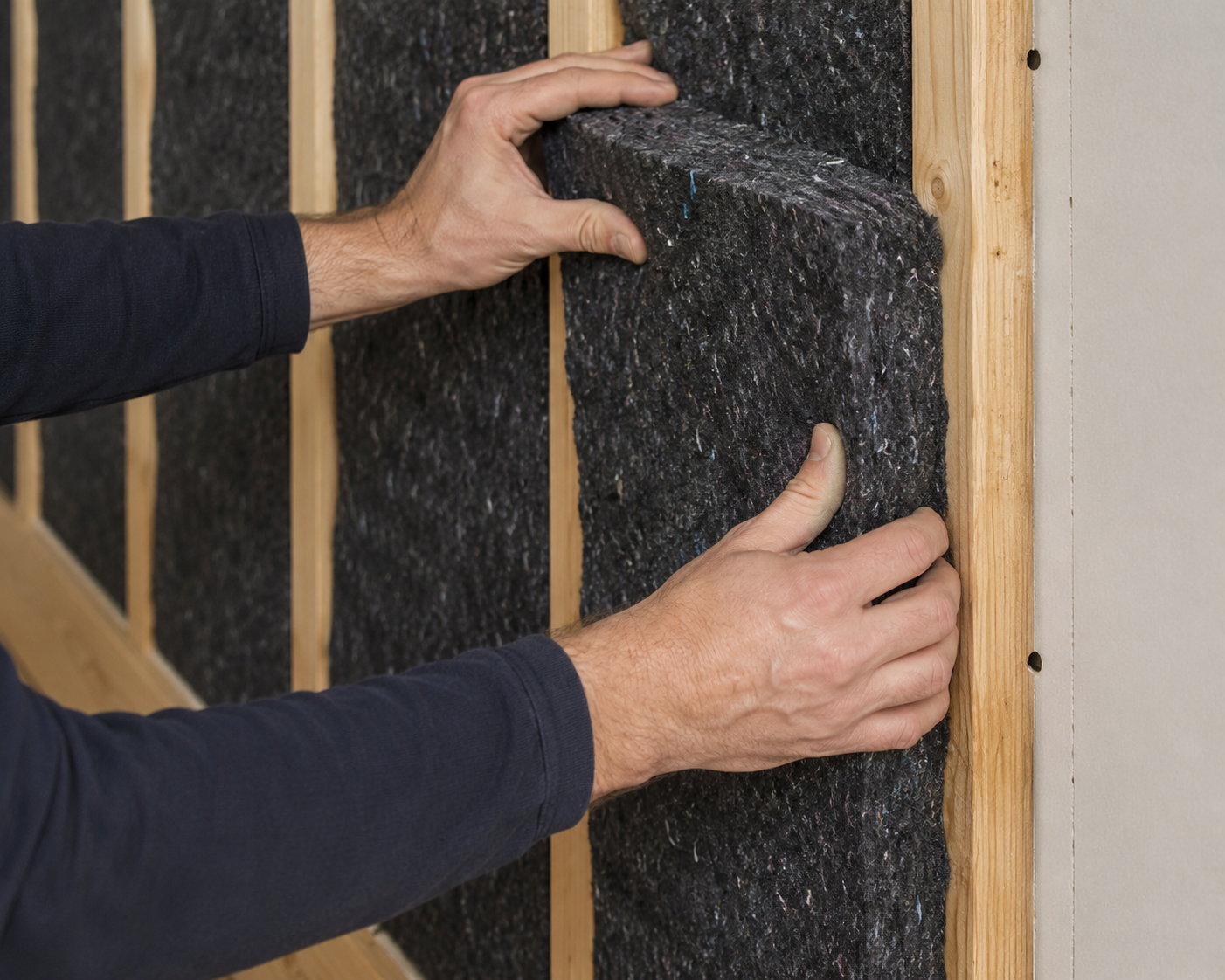 Installation de panneaux d’isolation acoustique et thermique entre les montants d’une cloison en bois avant la pose du revêtement intérieur.