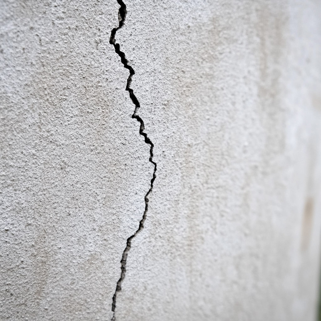 Fissure verticale dans un mur de béton gris à texture rugueuse, illustrant un problème possible de fondation, de structure, de crépi, d’infiltration d’eau ou de revêtement extérieur nécessitant une inspection et des travaux de réparation