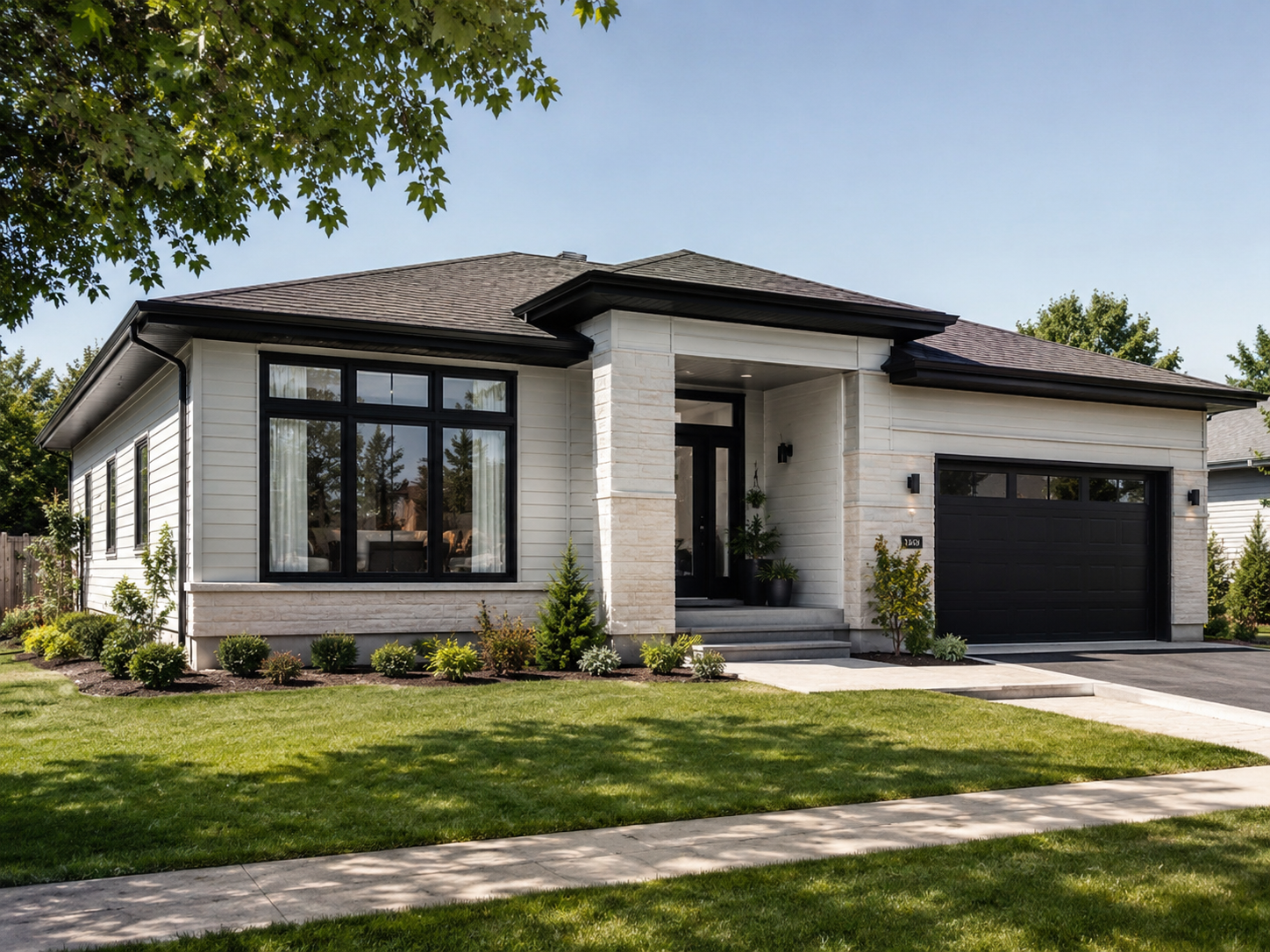 Maison contemporaine de plain-pied avec façade en pierre blanche, revêtement clair, grandes fenêtres noires, garage intégré et aménagement paysager soigné