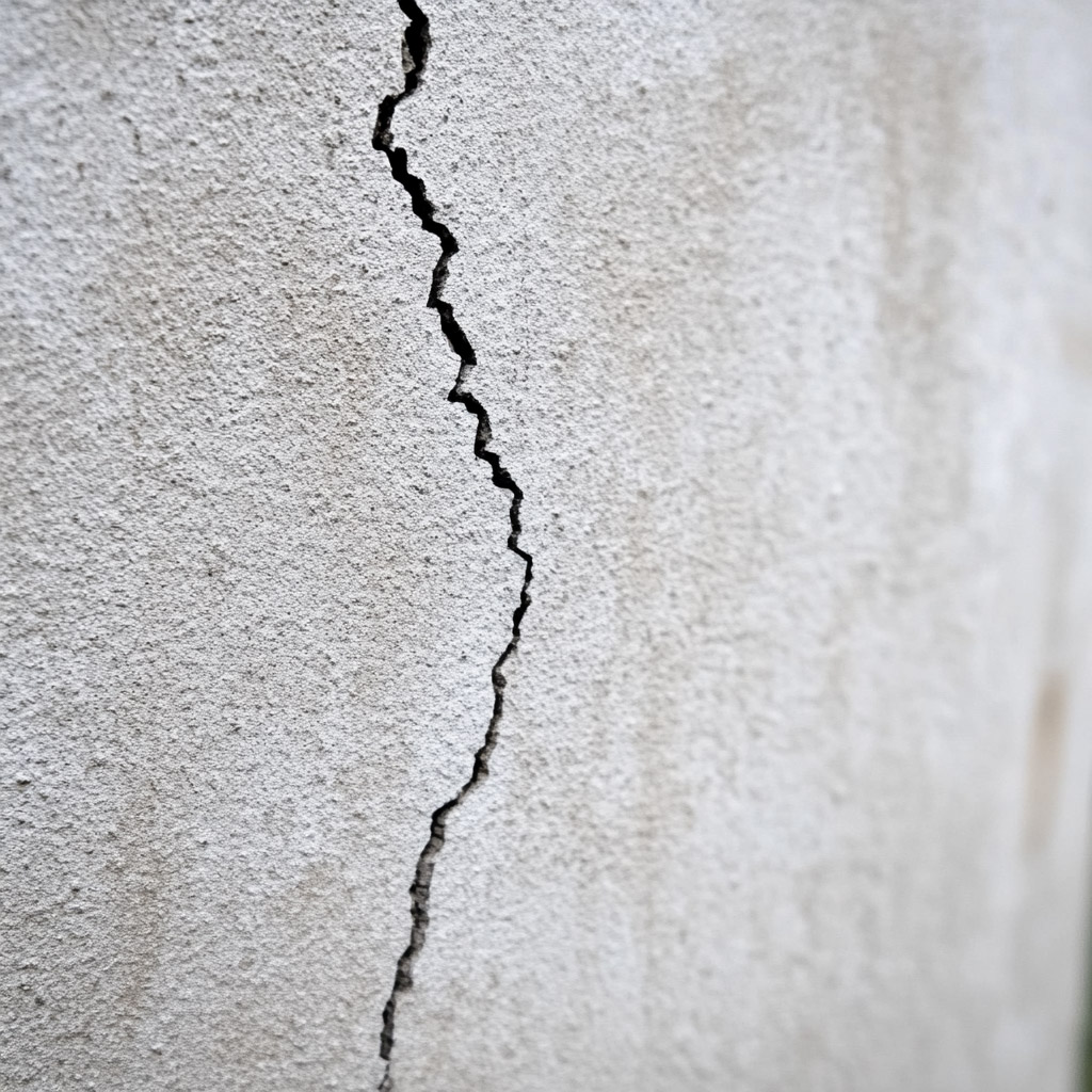 Vertical crack on a concrete wall, indicating potential structural or foundation issue.