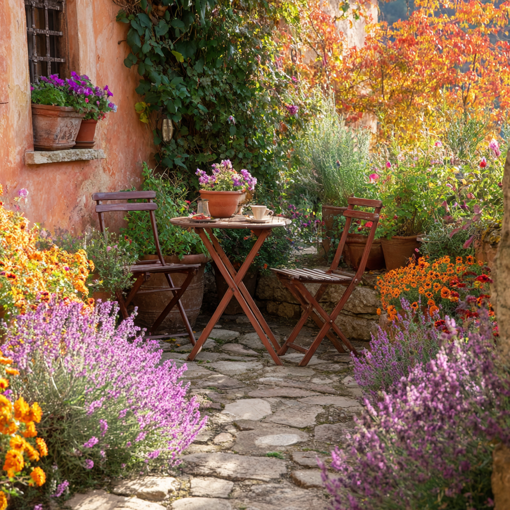 Terrasse fleurie en pierre avec table en bois, chaises pliantes et abondance de fleurs colorées