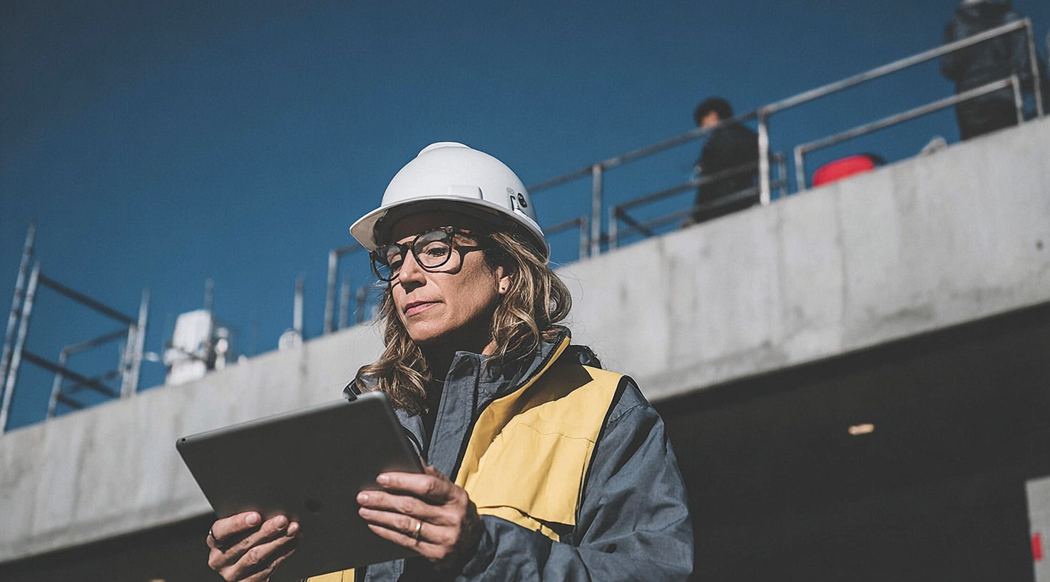 Construction engineer wearing a safety helmet using a digital tablet to supervise work on a construction site