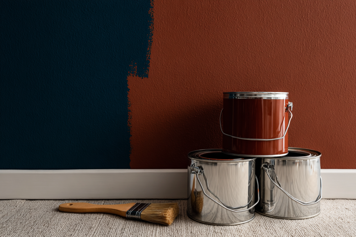 Wall being painted with paint cans and brush on beige carpet