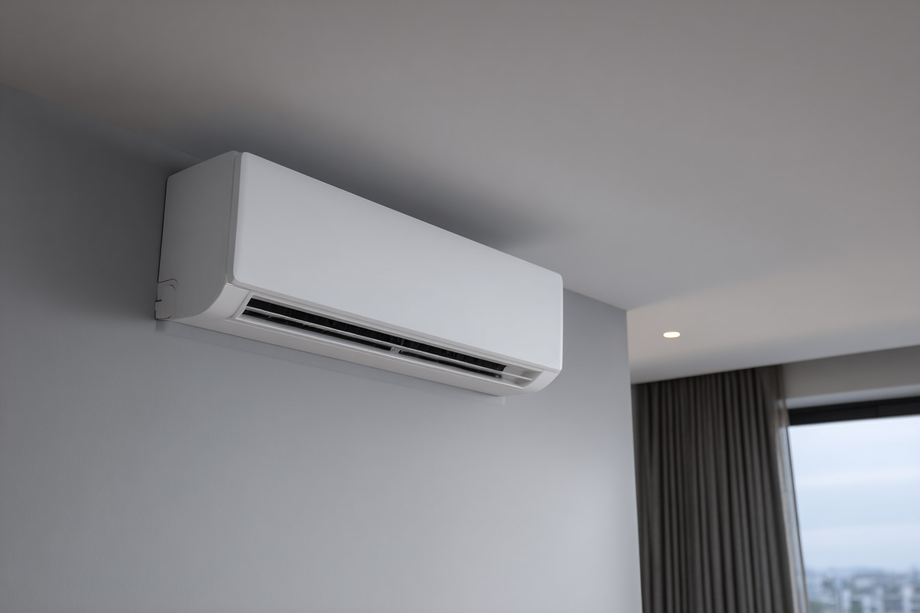Climatiseur mural blanc installé près du plafond sur un mur gris dans une pièce moderne avec rideaux foncés, fenêtre et éclairage encastré.