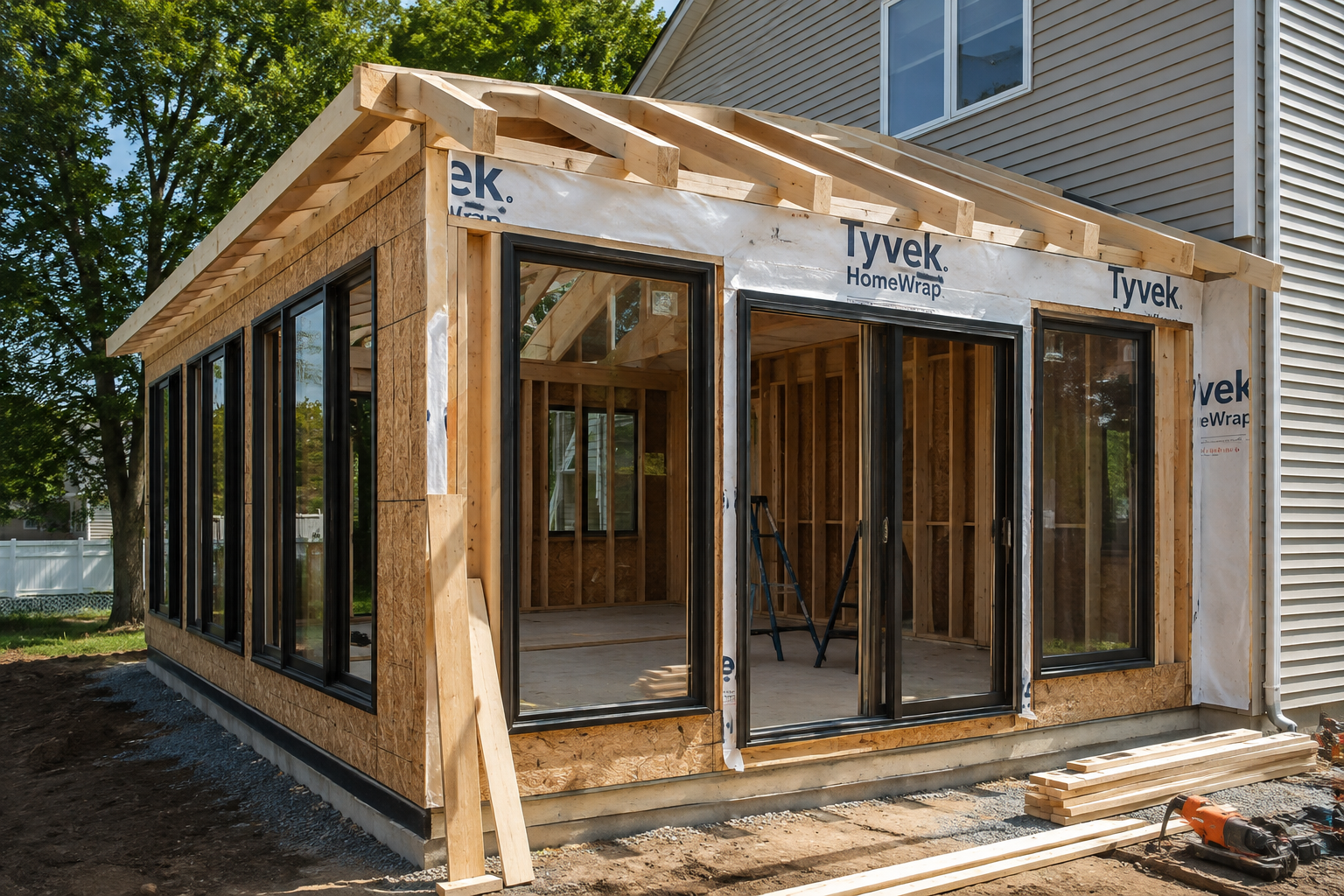 Residential sunroom construction with wood framing, weather-resistant house wrap, large black windows, a sliding door, and roofing installation in progress