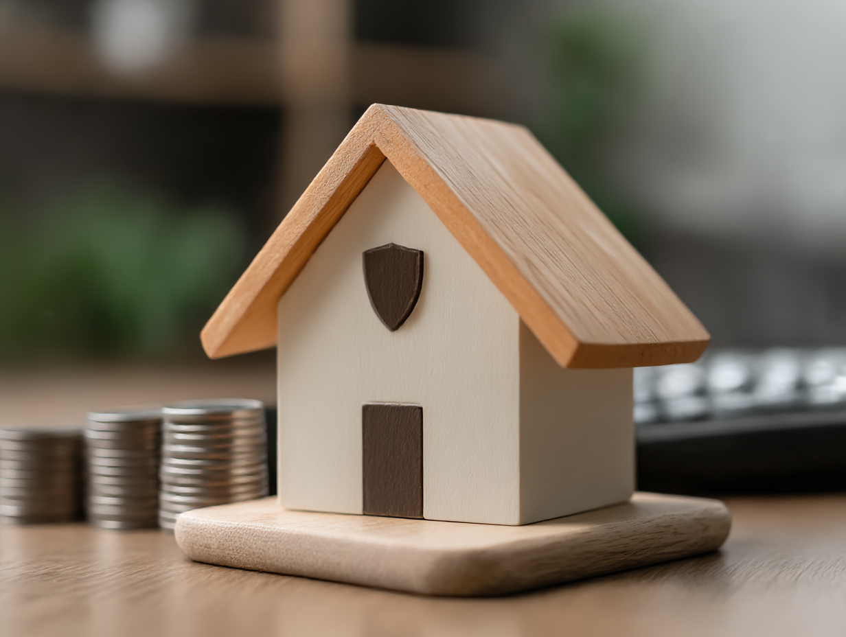 Petite maison en bois avec bouclier protecteur et piles de pièces, représentant l’assurance habitation et la protection financière.