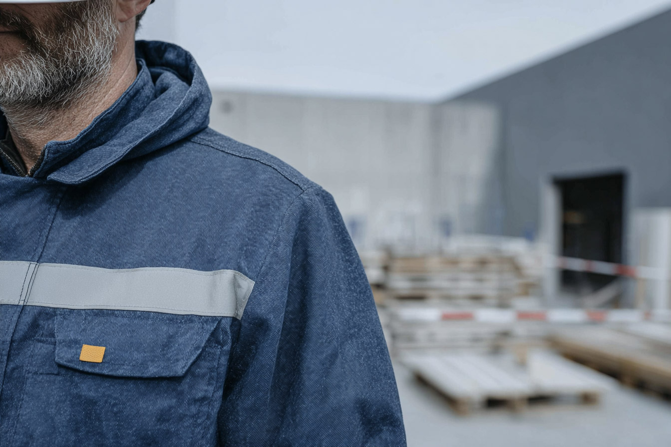 Travailleur de construction en uniforme bleu avec bande réfléchissante devant un chantier intérieur avec matériaux et ruban de sécurité.