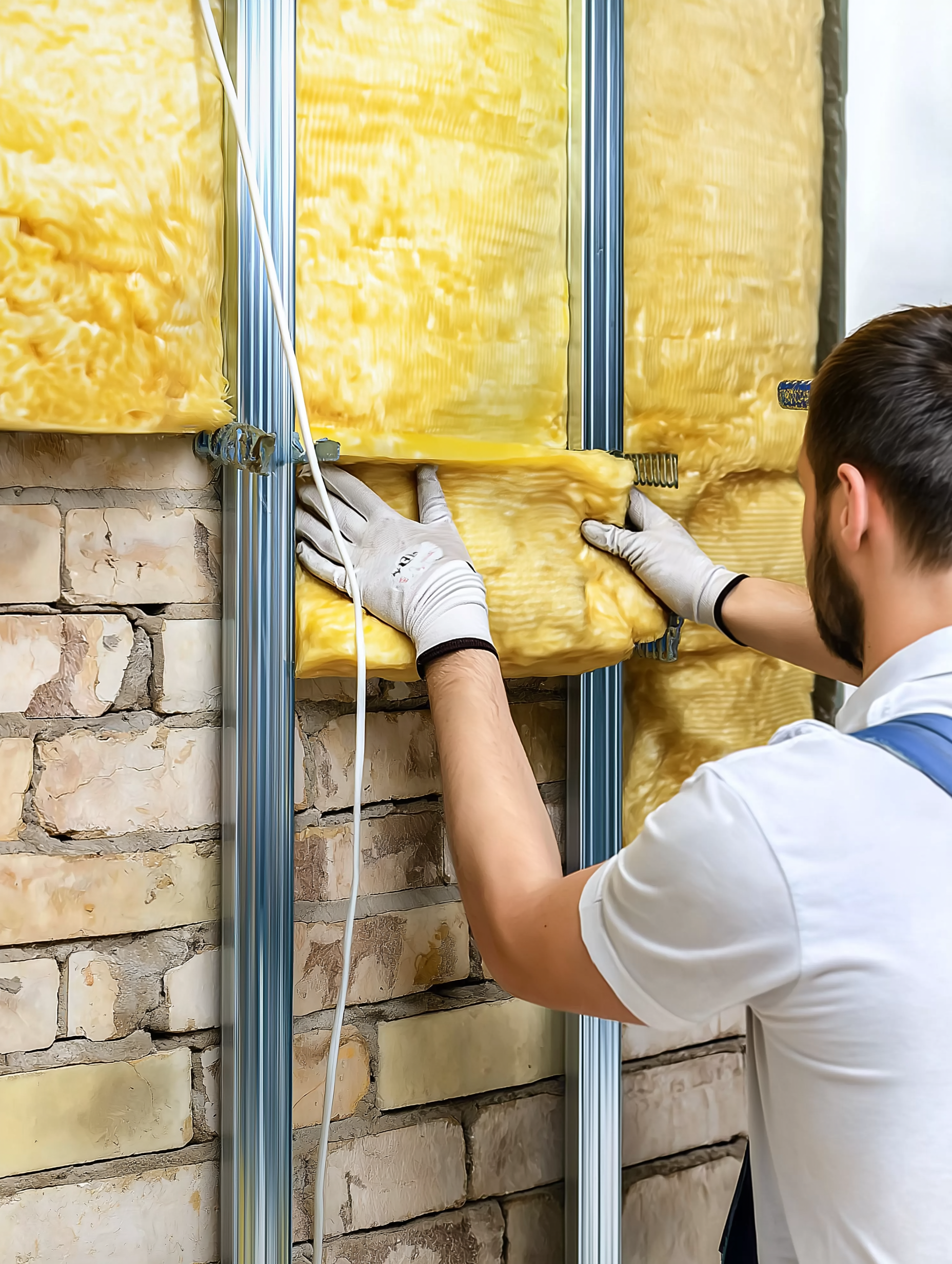 Installer placing yellow insulation wool between metal studs on an interior brick wall during renovation