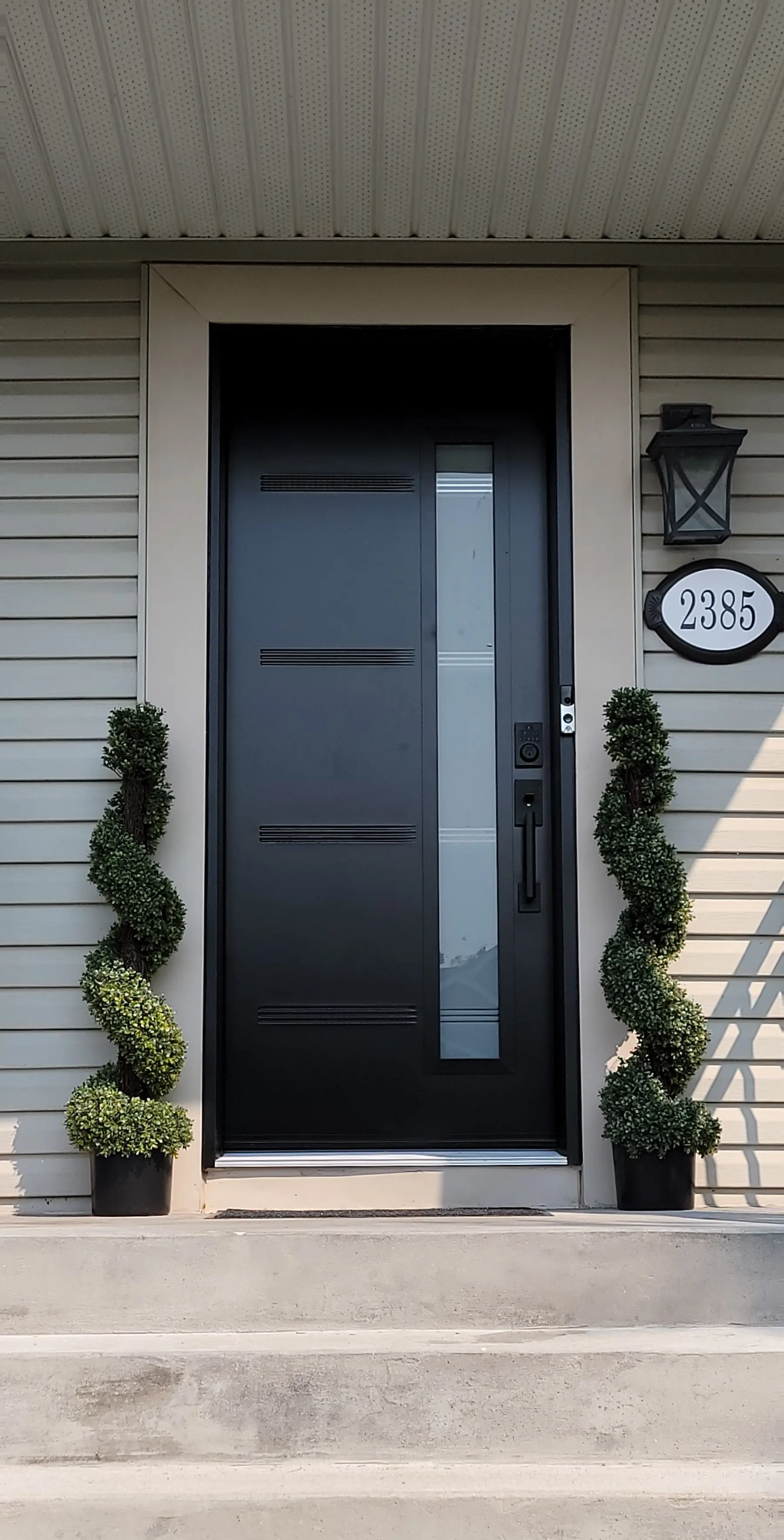 Black aluminum front door with vertical glass insert and modern finish on beige vinyl-sided house