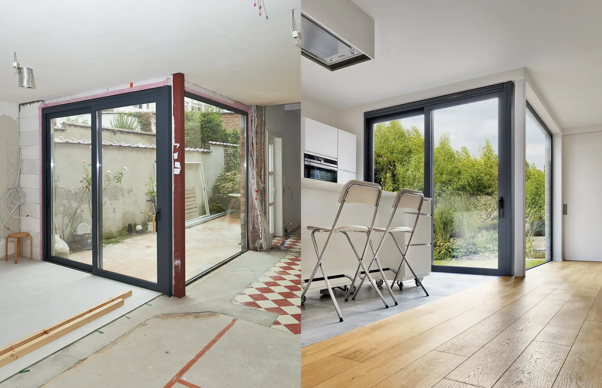 Avant et après l’installation d’une grande porte patio coulissante en aluminium noir, illustrant la transformation complète d’un espace intérieur moderne avec vue sur le jardin.