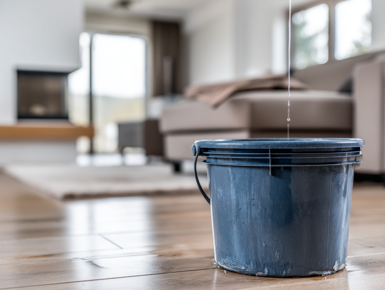 Bucket collecting water drops from a ceiling leak in a modern living room