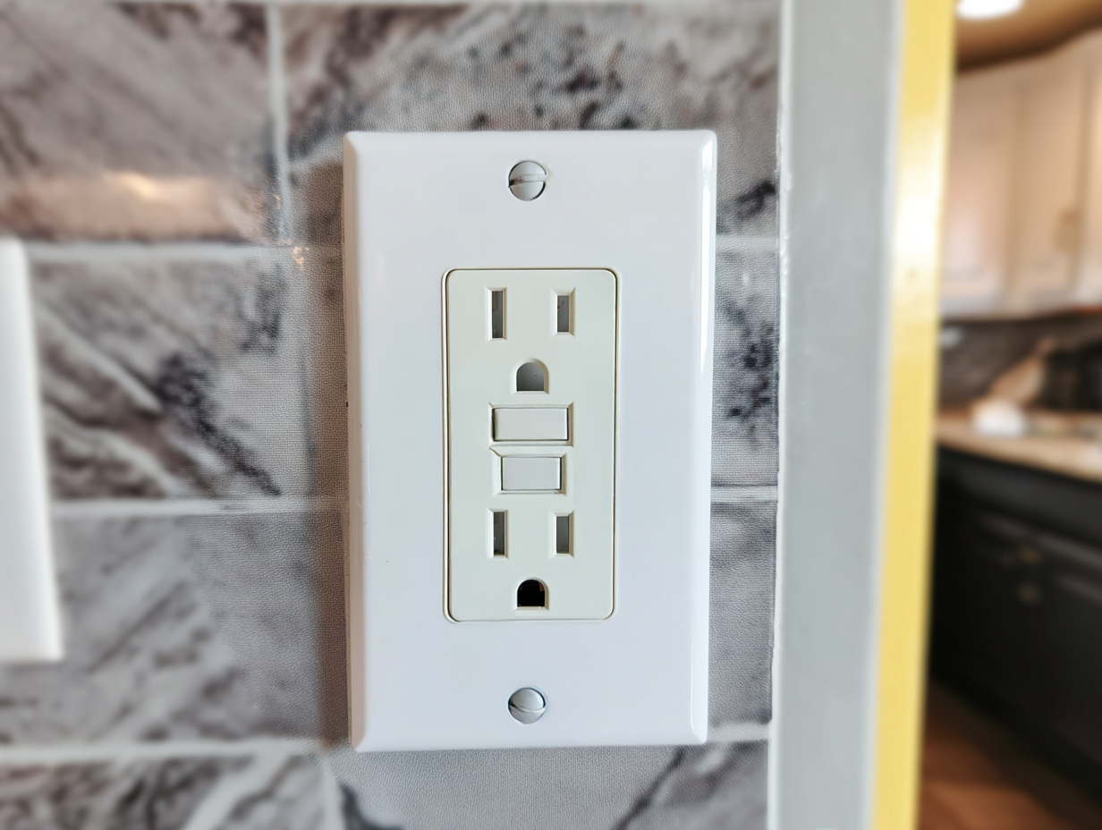 Cream GFCI wall outlet with white faceplate installed on a marble-look ceramic backsplash in a kitchen.