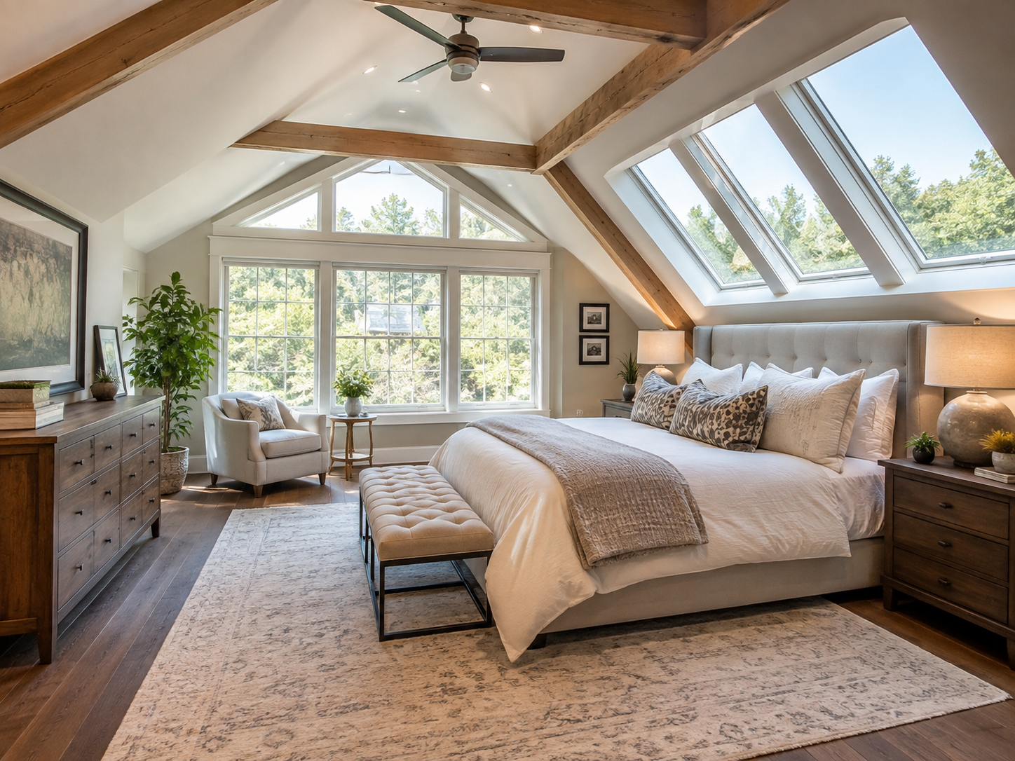 Chambre principale lumineuse aménagée sous les combles avec plafond cathédrale, poutres de bois apparentes, puits de lumière, grandes fenêtres et mobilier contemporain