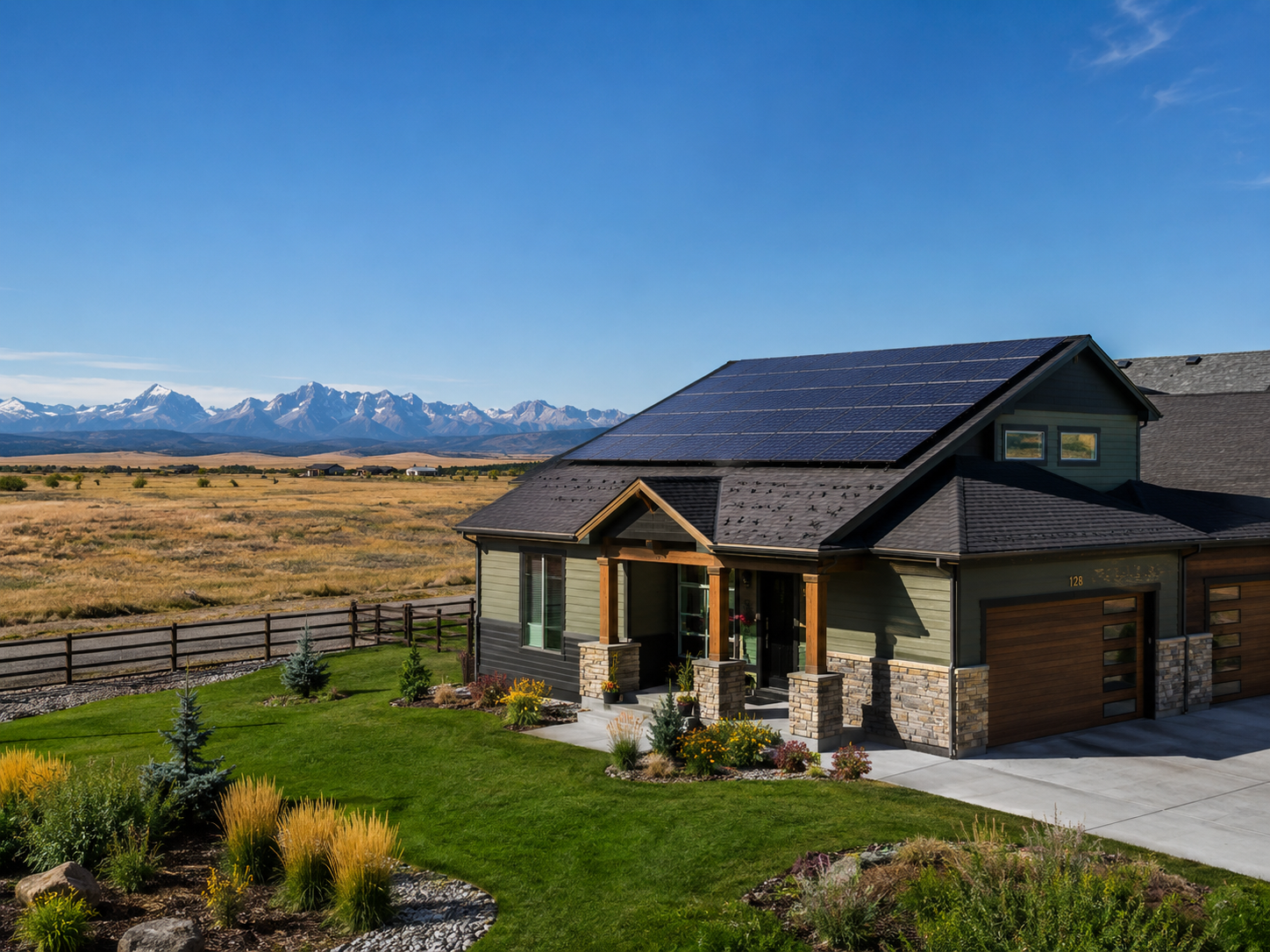 Alberta-inspired home with rooftop solar panels, prairie landscaping, open blue sky, and distant Rocky Mountains.