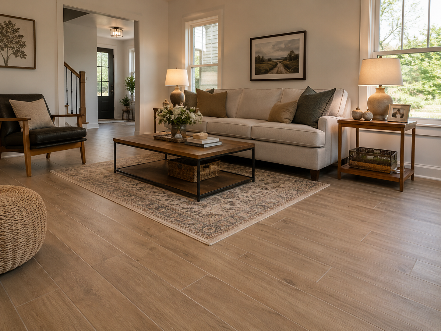 Cozy living room with warm wood-look porcelain tile flooring, neutral décor, soft lighting, and a welcoming layout.