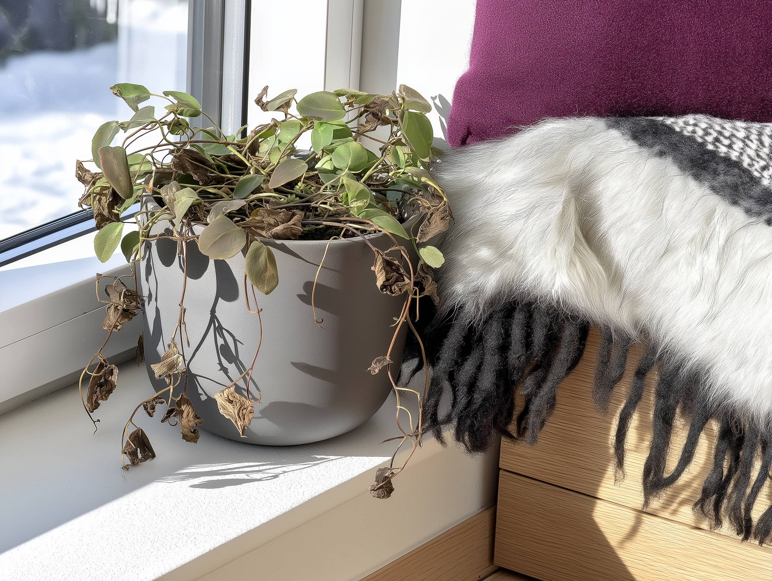 Plante d'intérieur flétrie sur un rebord de fenêtre ensoleillé, à côté d'une couverture et d'un coussin dans un coin de détente.
